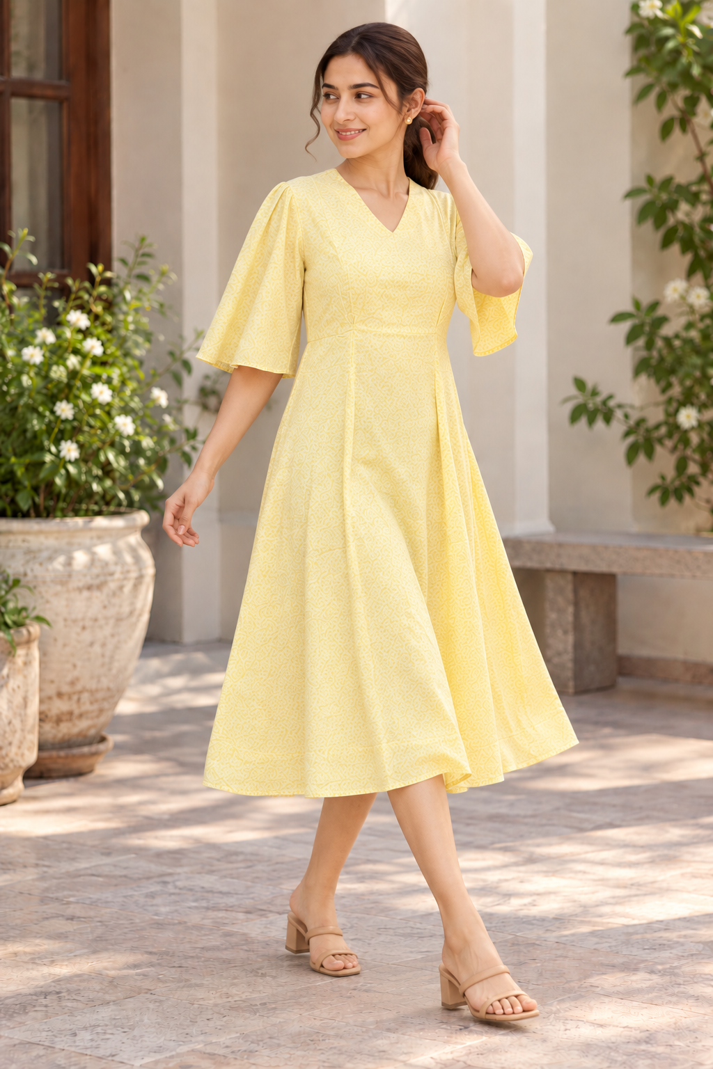 Pastel Yellow Ditsy Floral Print Flared Midi Dress - View 4