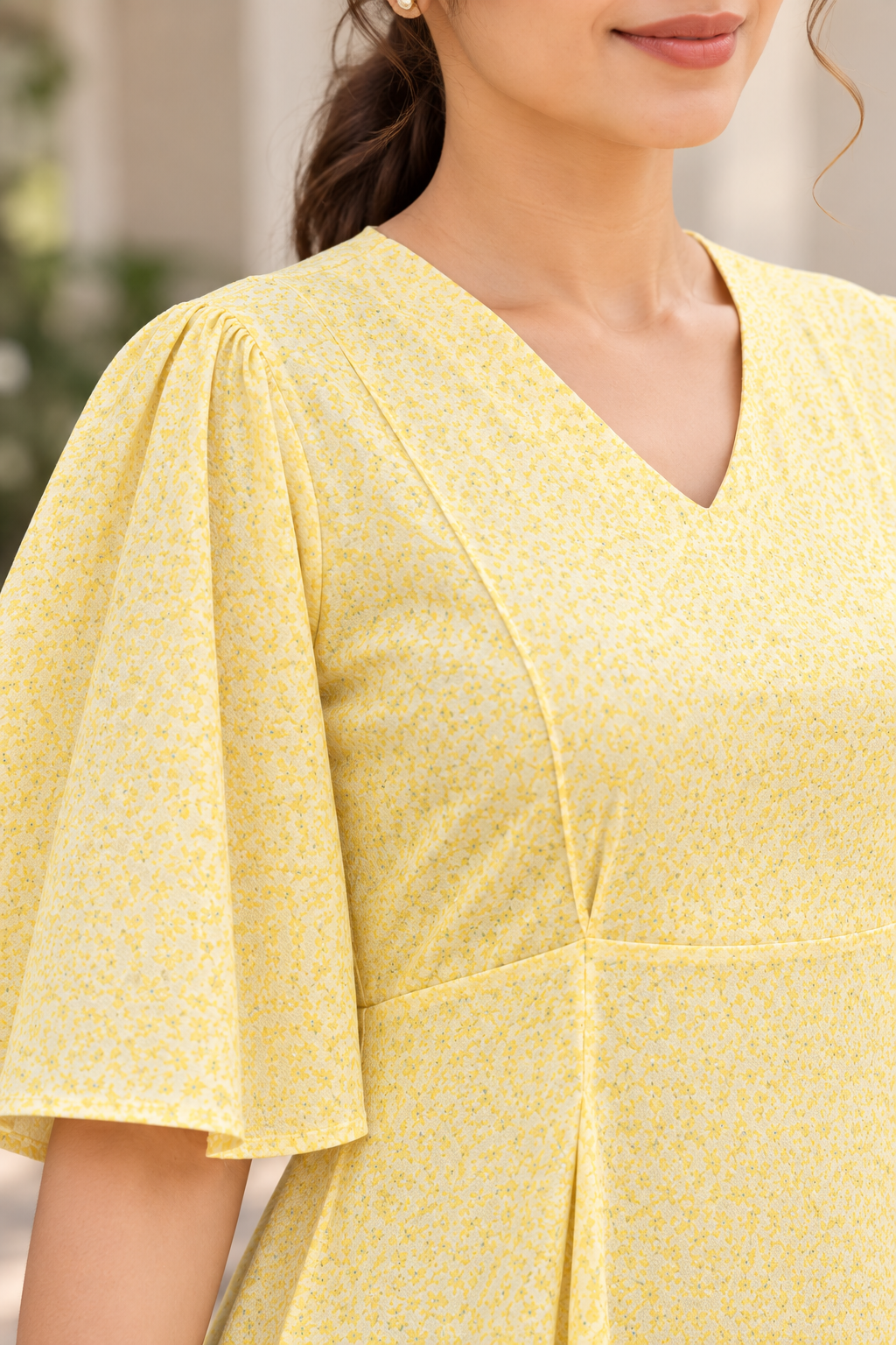 Pastel Yellow Ditsy Floral Print Flared Midi Dress - View 8