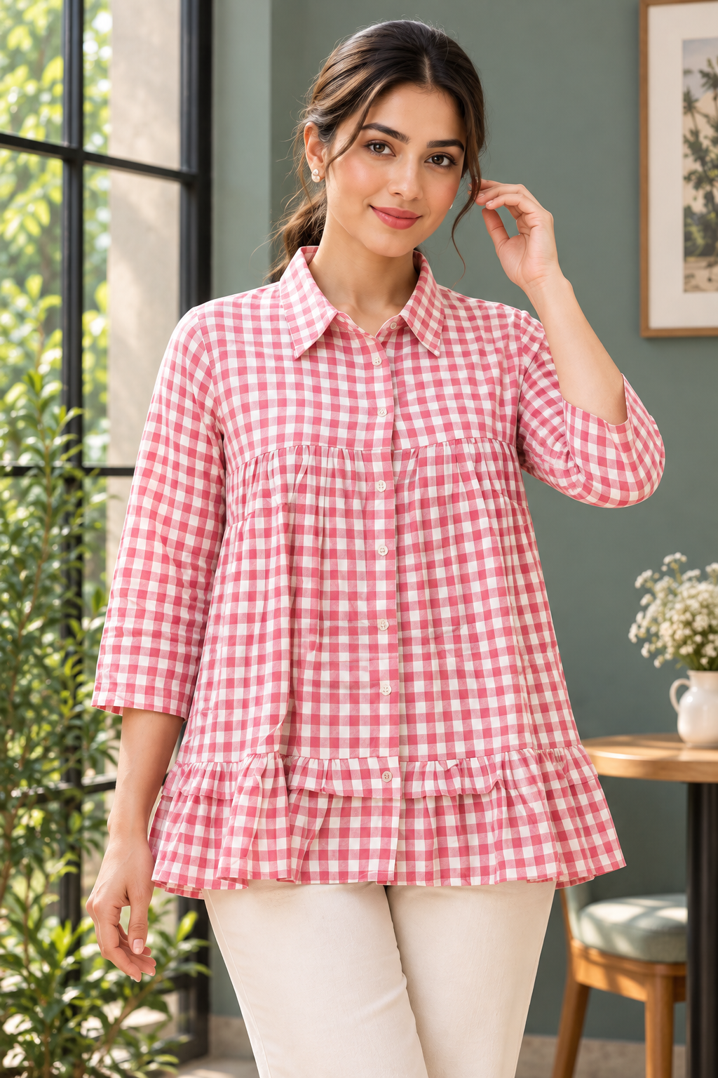 VedAarna Women Pink & White Gingham Checked Peplum Shirt