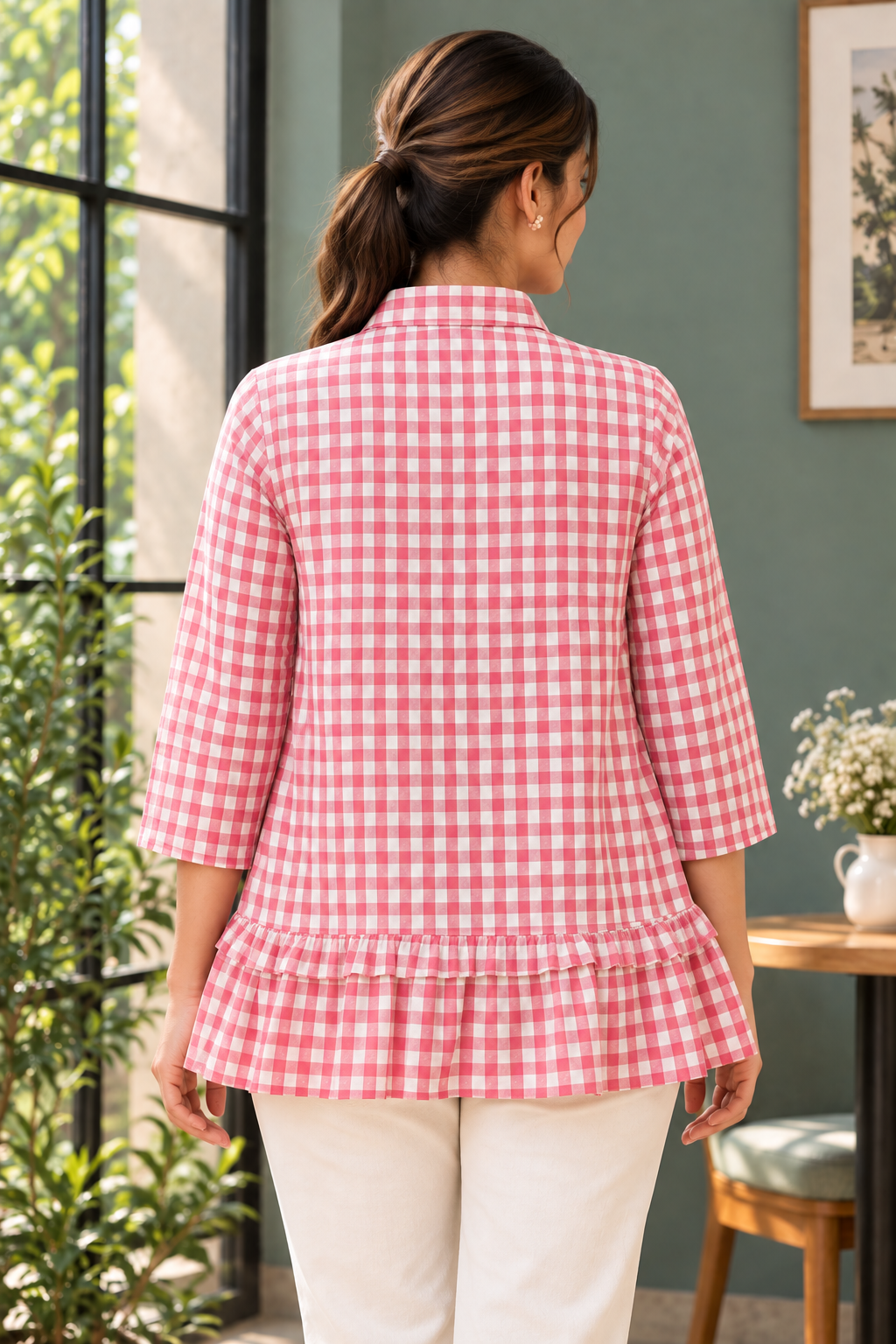 Pink & White Gingham Checked Peplum Shirt - View 3
