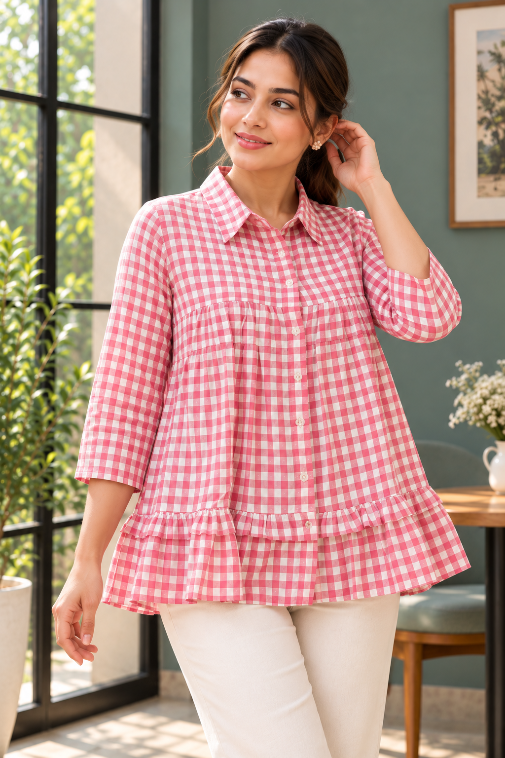 Pink & White Gingham Checked Peplum Shirt - View 4
