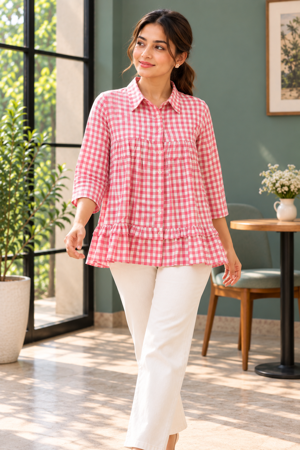 Pink & White Gingham Checked Peplum Shirt - View 5