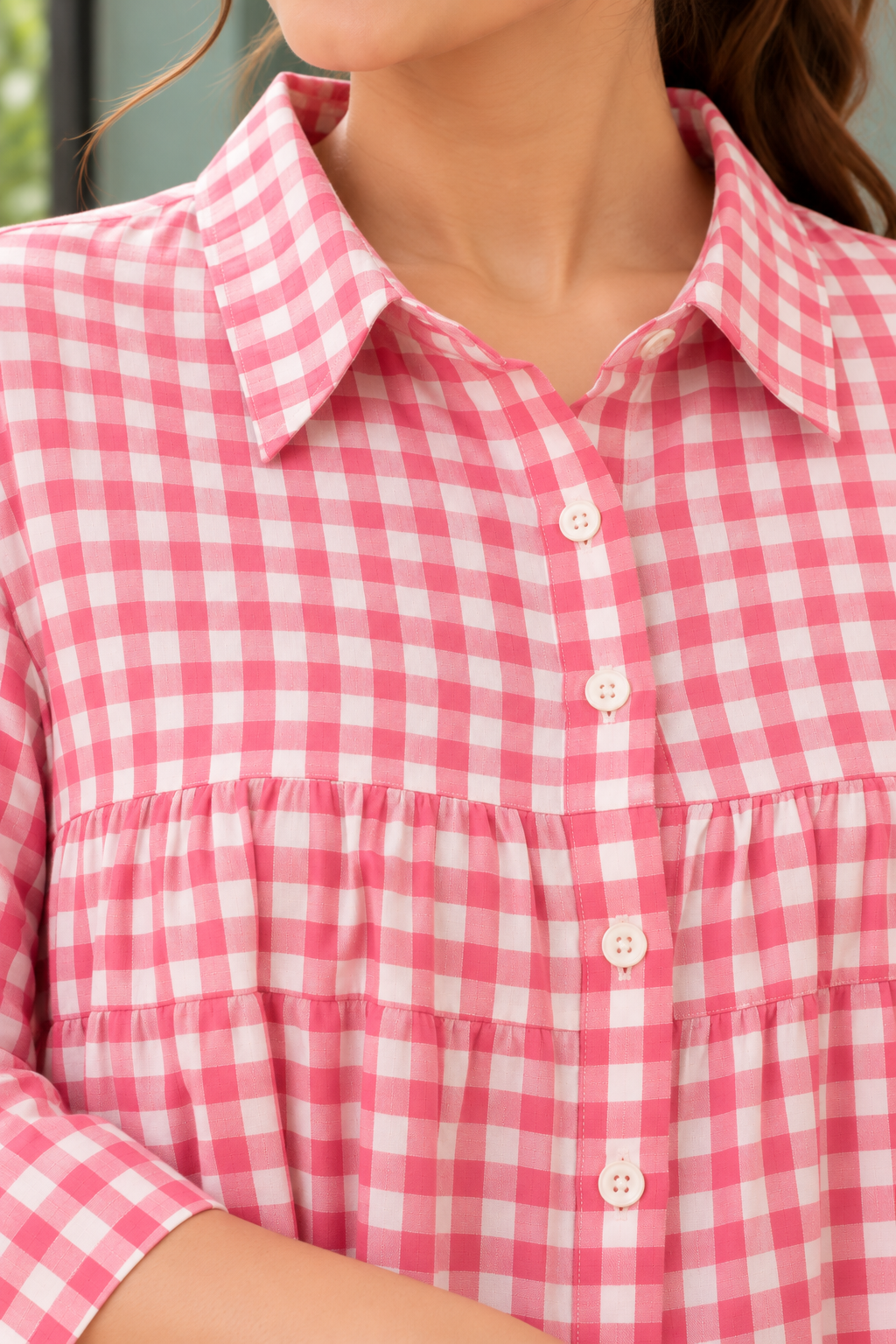 Pink & White Gingham Checked Peplum Shirt - View 8