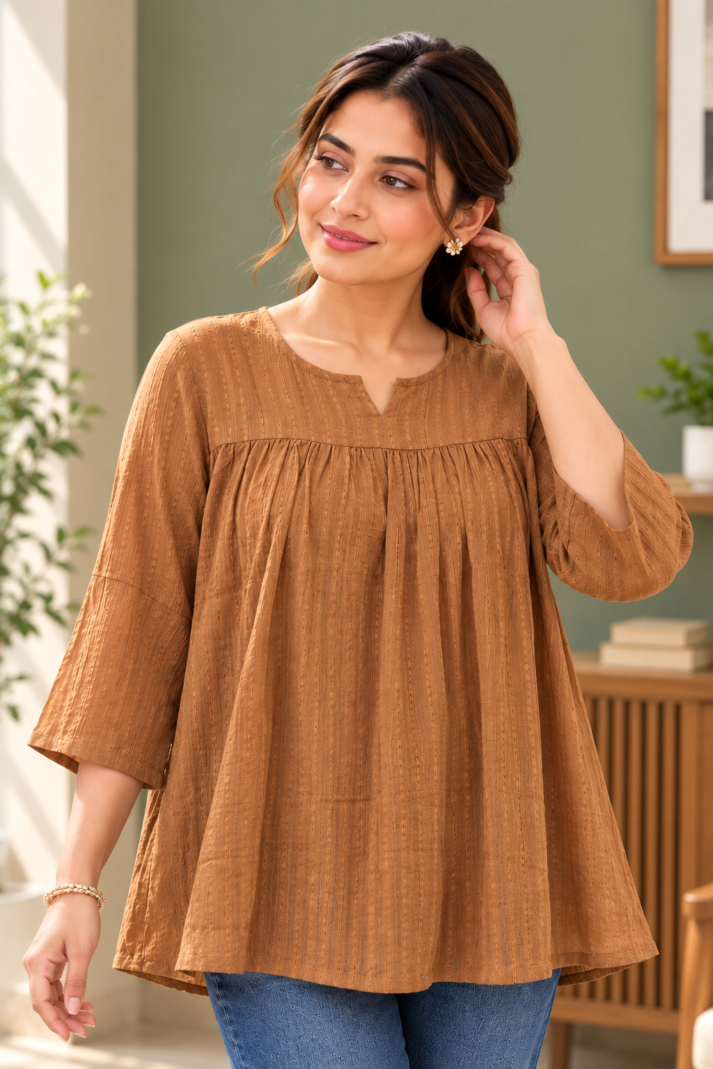 VedAarna Women Brown Self-Design Gathered Yoke A-Line Top