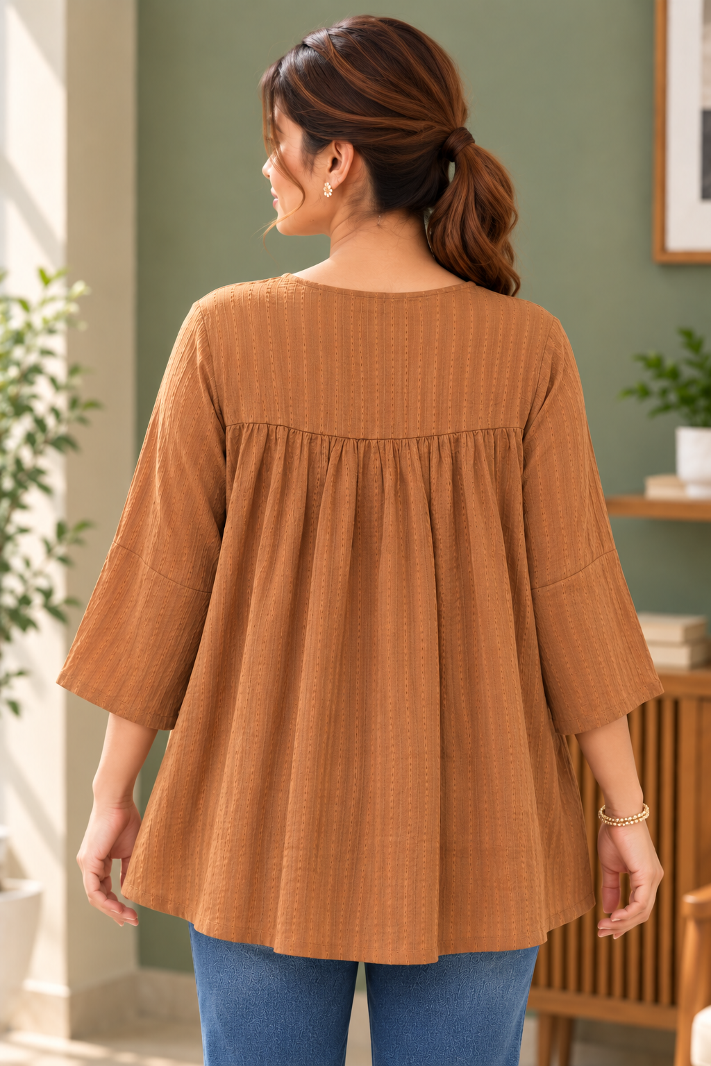 VedAarna Women Brown Self-Design Gathered Yoke A-Line Top - View 3