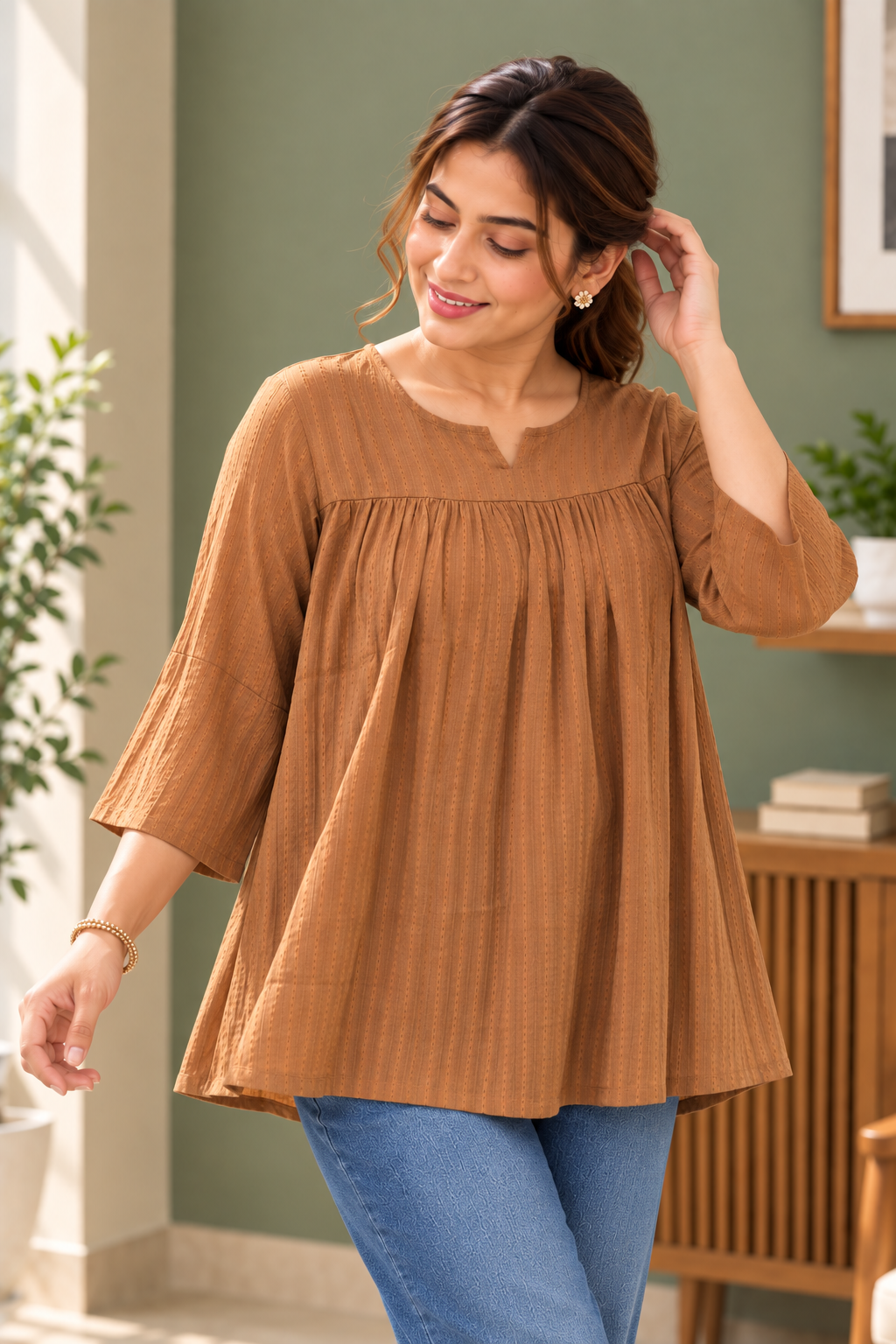 VedAarna Women Brown Self-Design Gathered Yoke A-Line Top - View 4