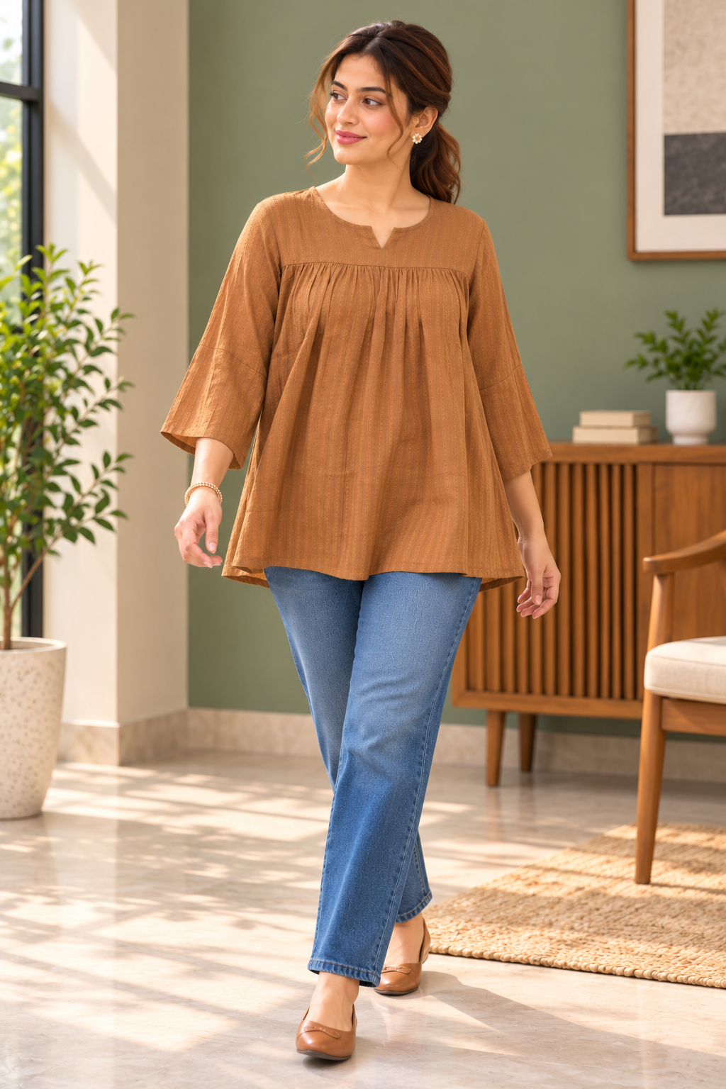 VedAarna Women Brown Self-Design Gathered Yoke A-Line Top - View 5