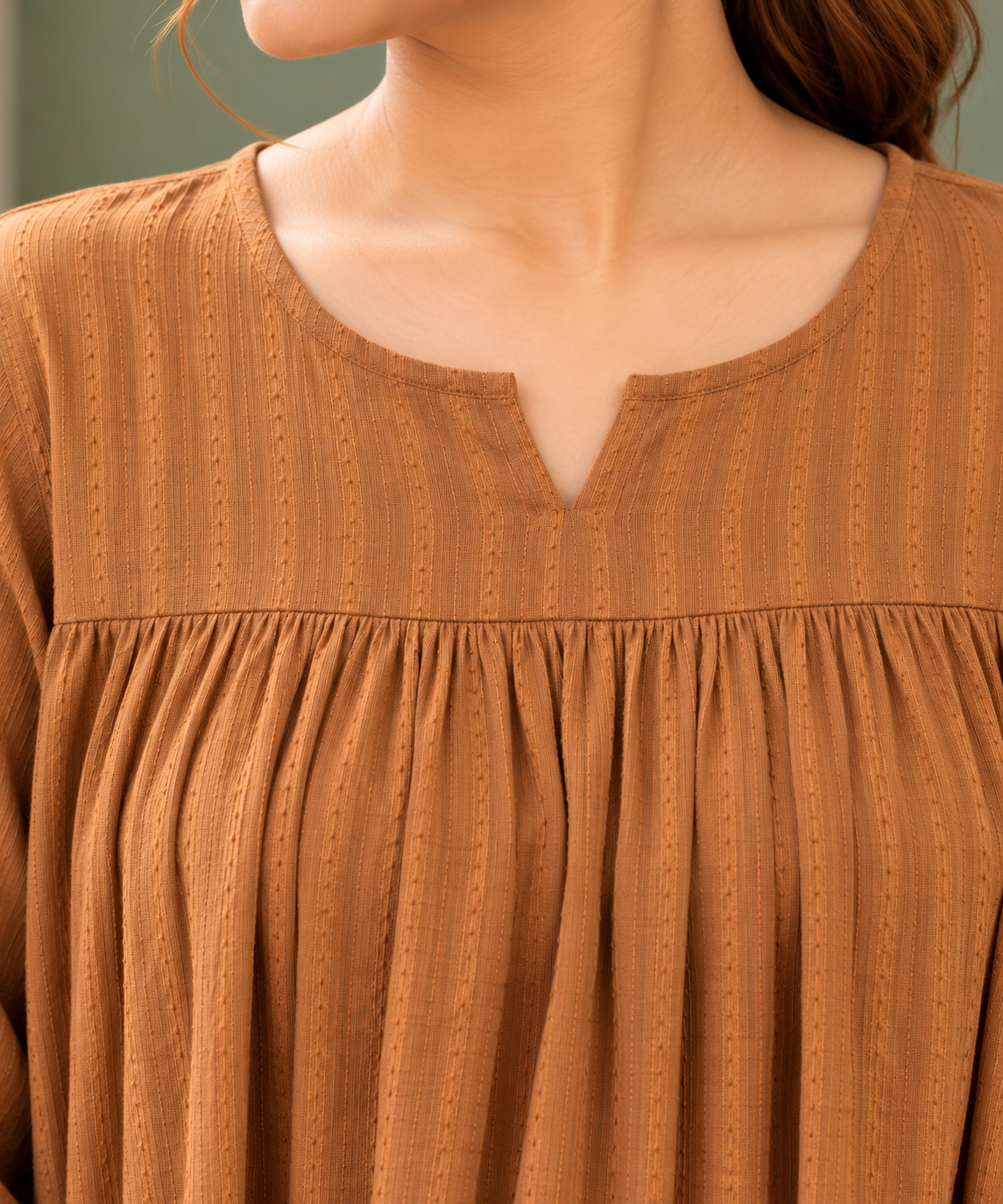 VedAarna Women Brown Self-Design Gathered Yoke A-Line Top - View 8