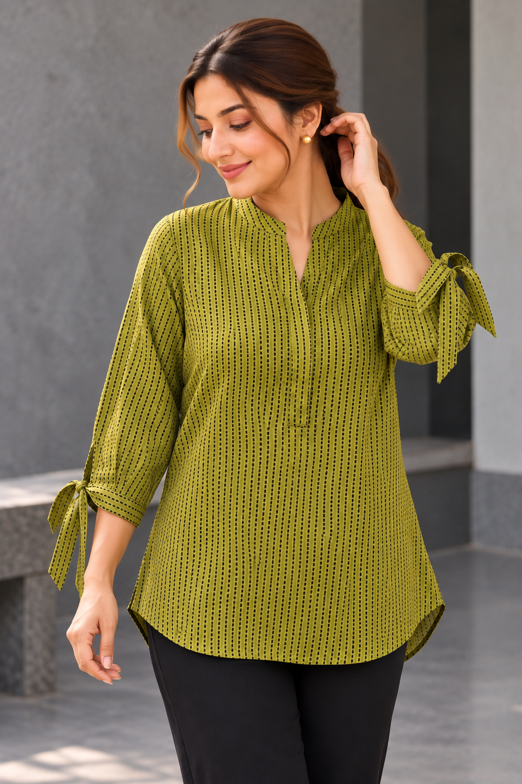 VedAarna Women Olive Green & Black Printed High-Low Casual Top with Tie-Up Sleeves - View 4