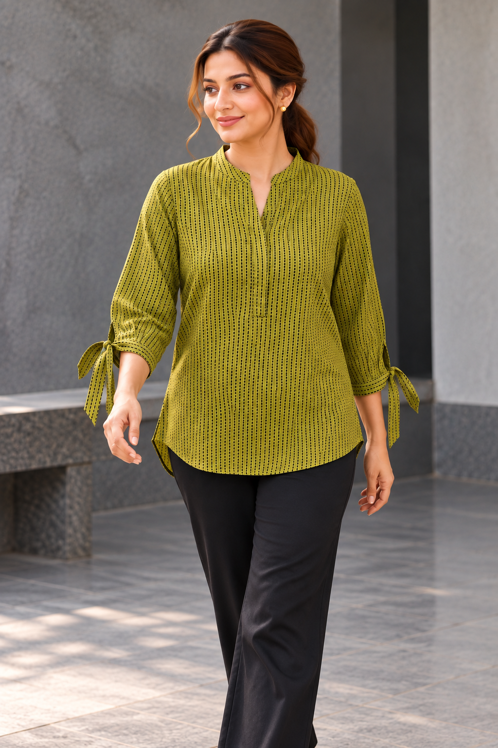 VedAarna Women Olive Green & Black Printed High-Low Casual Top with Tie-Up Sleeves - View 5