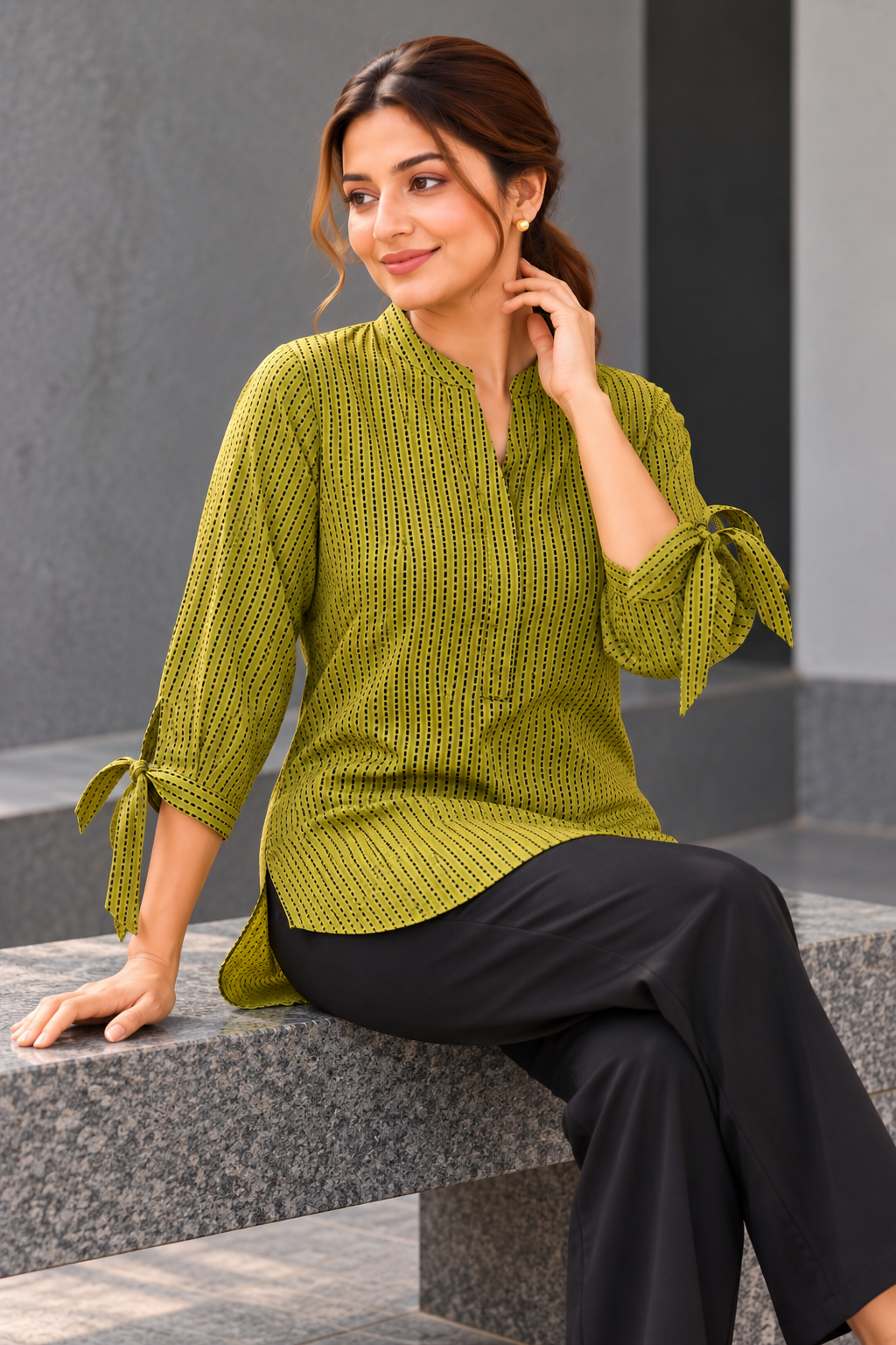 VedAarna Women Olive Green & Black Printed High-Low Casual Top with Tie-Up Sleeves - View 6