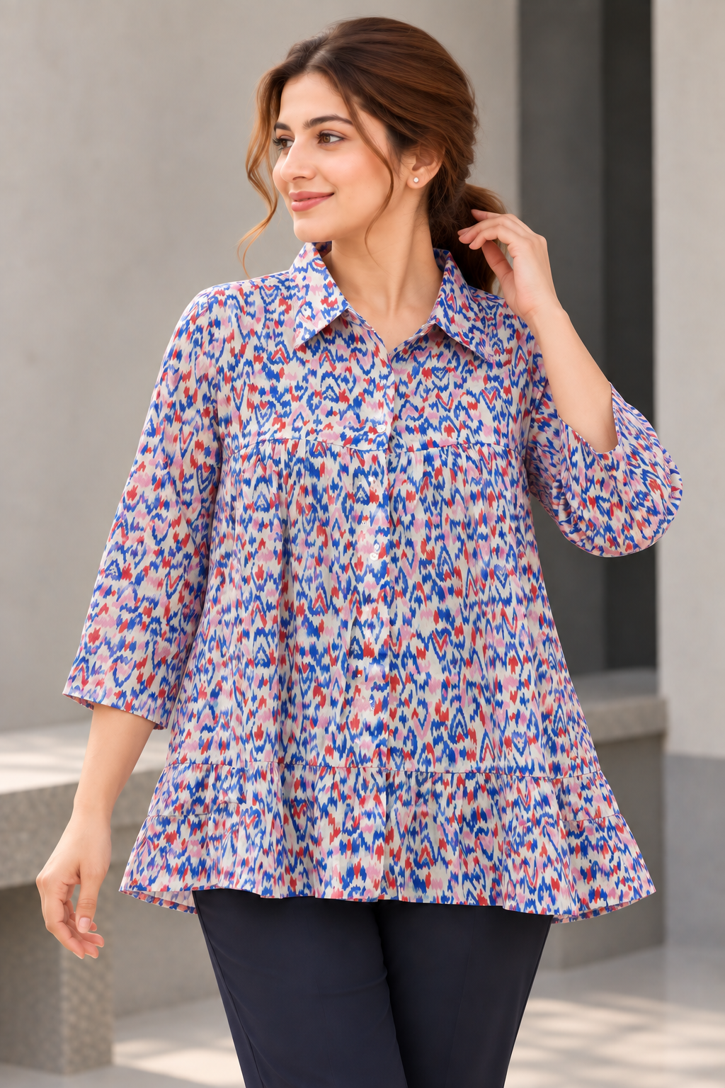 VedAarna Women White, Blue & Red Abstract Printed Relaxed-Fit Tiered Shirt Top - View 4