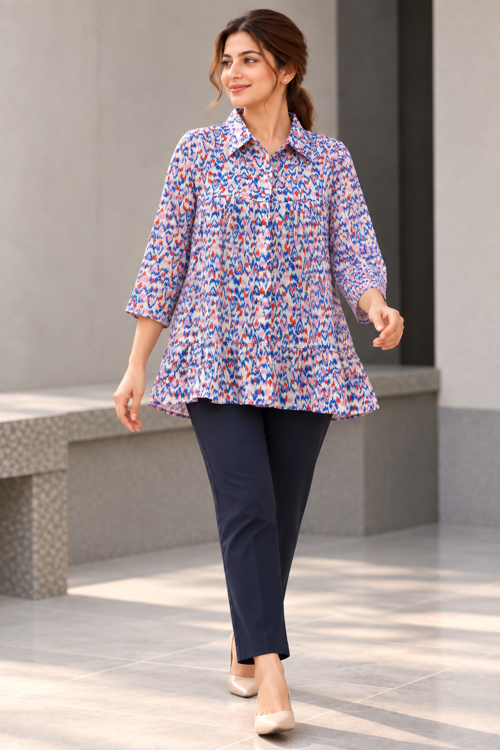VedAarna Women White, Blue & Red Abstract Printed Relaxed-Fit Tiered Shirt Top - View 5