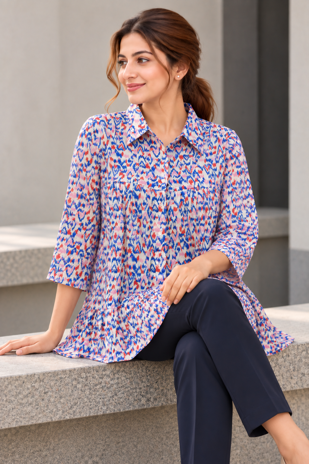 VedAarna Women White, Blue & Red Abstract Printed Relaxed-Fit Tiered Shirt Top - View 6