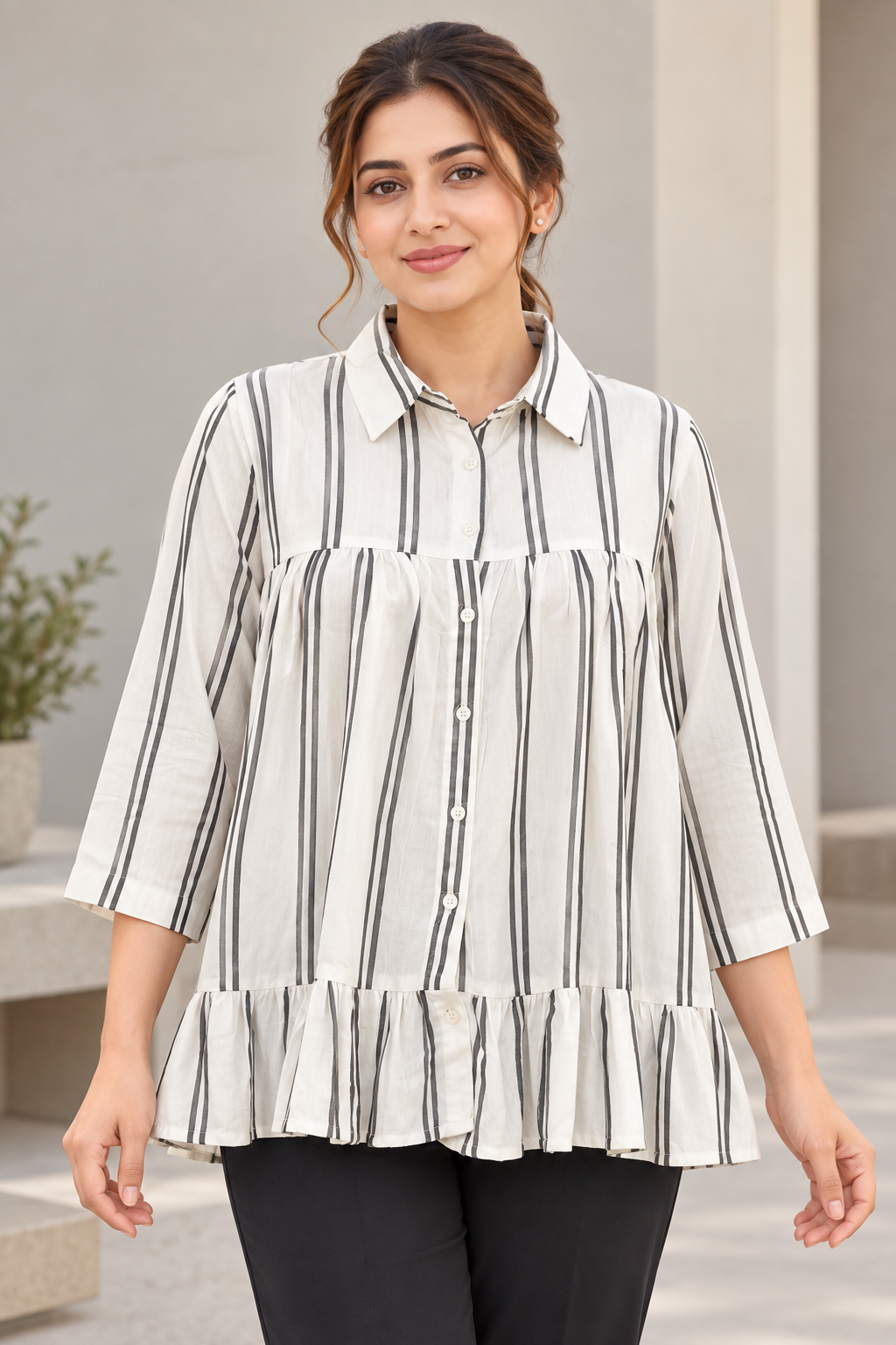 VedAarna Women White & Black Vertical Striped Relaxed-Fit Tiered Shirt Top
