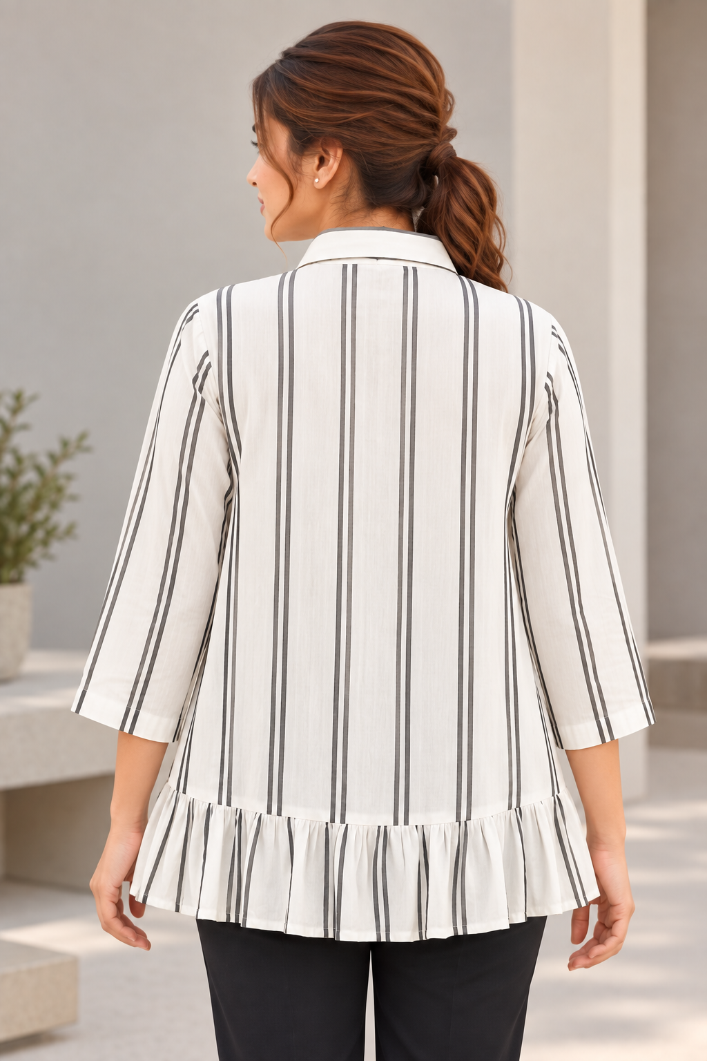 VedAarna Women White & Black Vertical Striped Relaxed-Fit Tiered Shirt Top - View 3