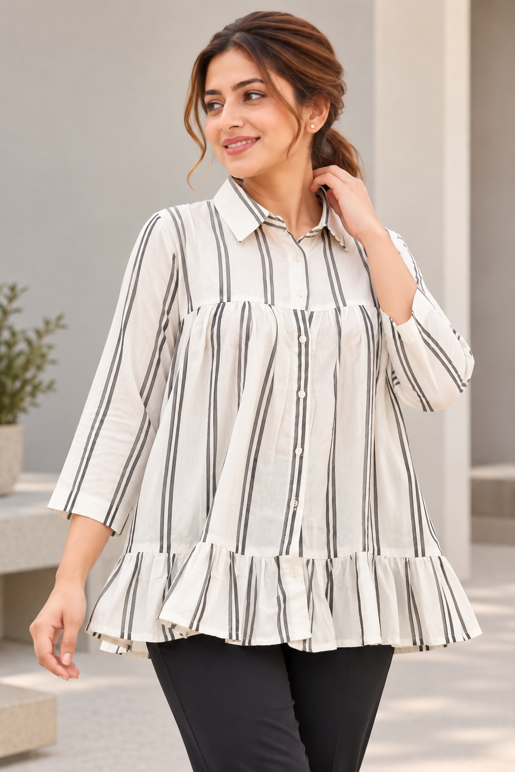 VedAarna Women White & Black Vertical Striped Relaxed-Fit Tiered Shirt Top - View 4