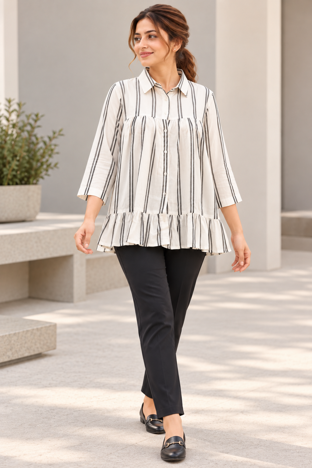 VedAarna Women White & Black Vertical Striped Relaxed-Fit Tiered Shirt Top - View 5