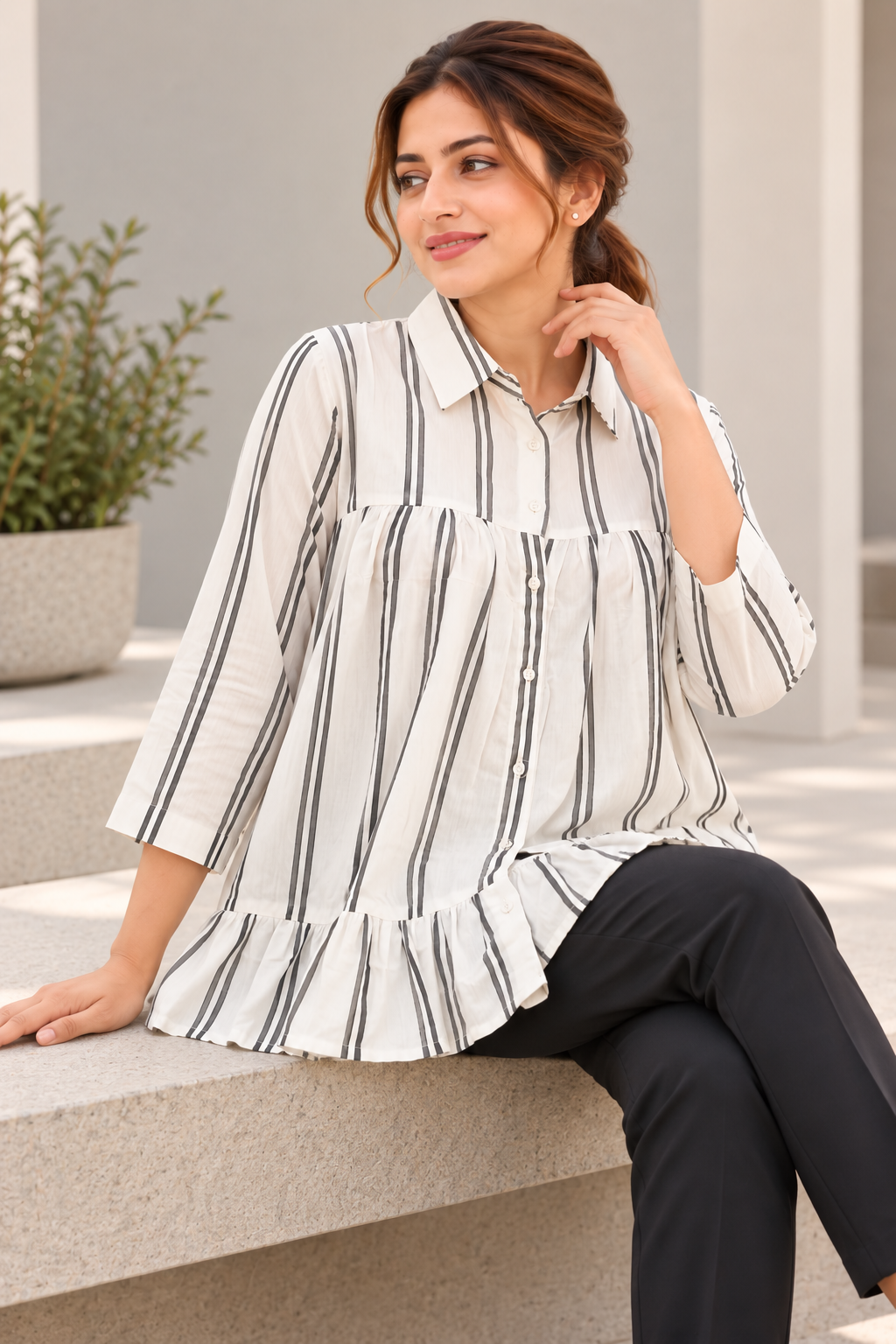 VedAarna Women White & Black Vertical Striped Relaxed-Fit Tiered Shirt Top - View 6
