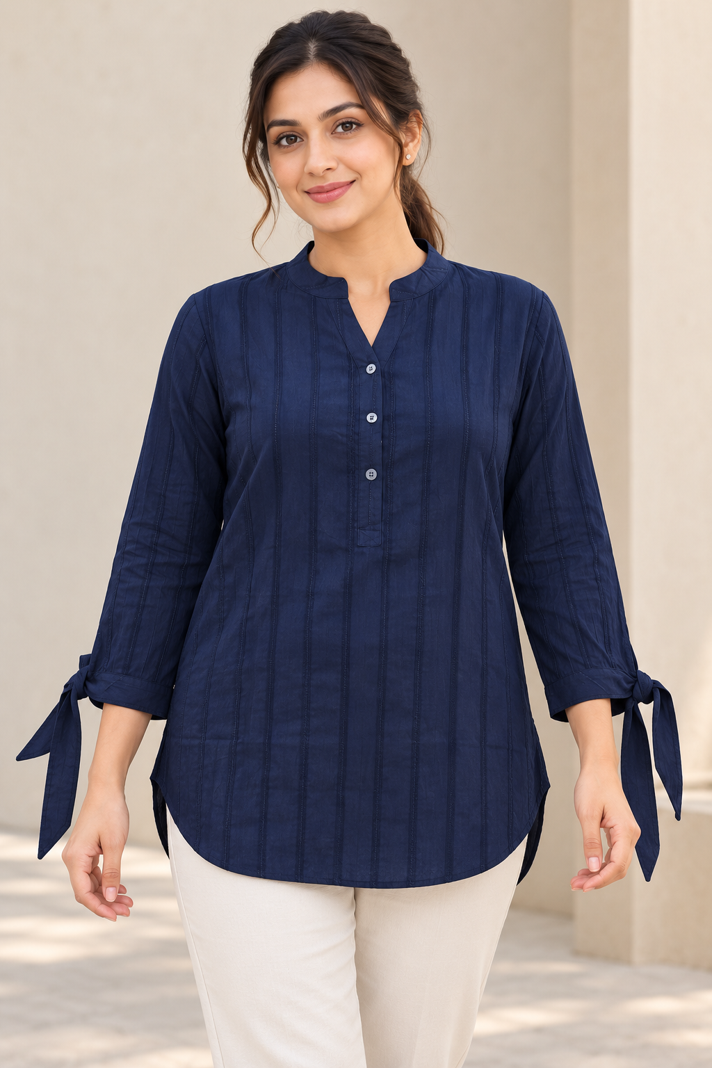 VedAarna Women Navy Blue Self-Design Tie-Up Sleeve Casual Top