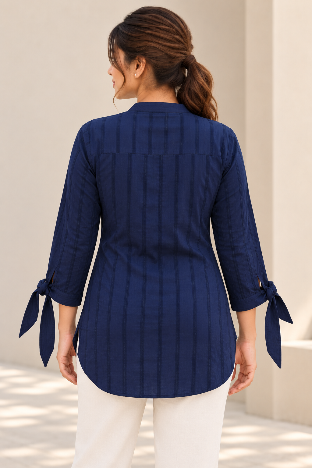 VedAarna Women Navy Blue Self-Design Tie-Up Sleeve Casual Top - View 3