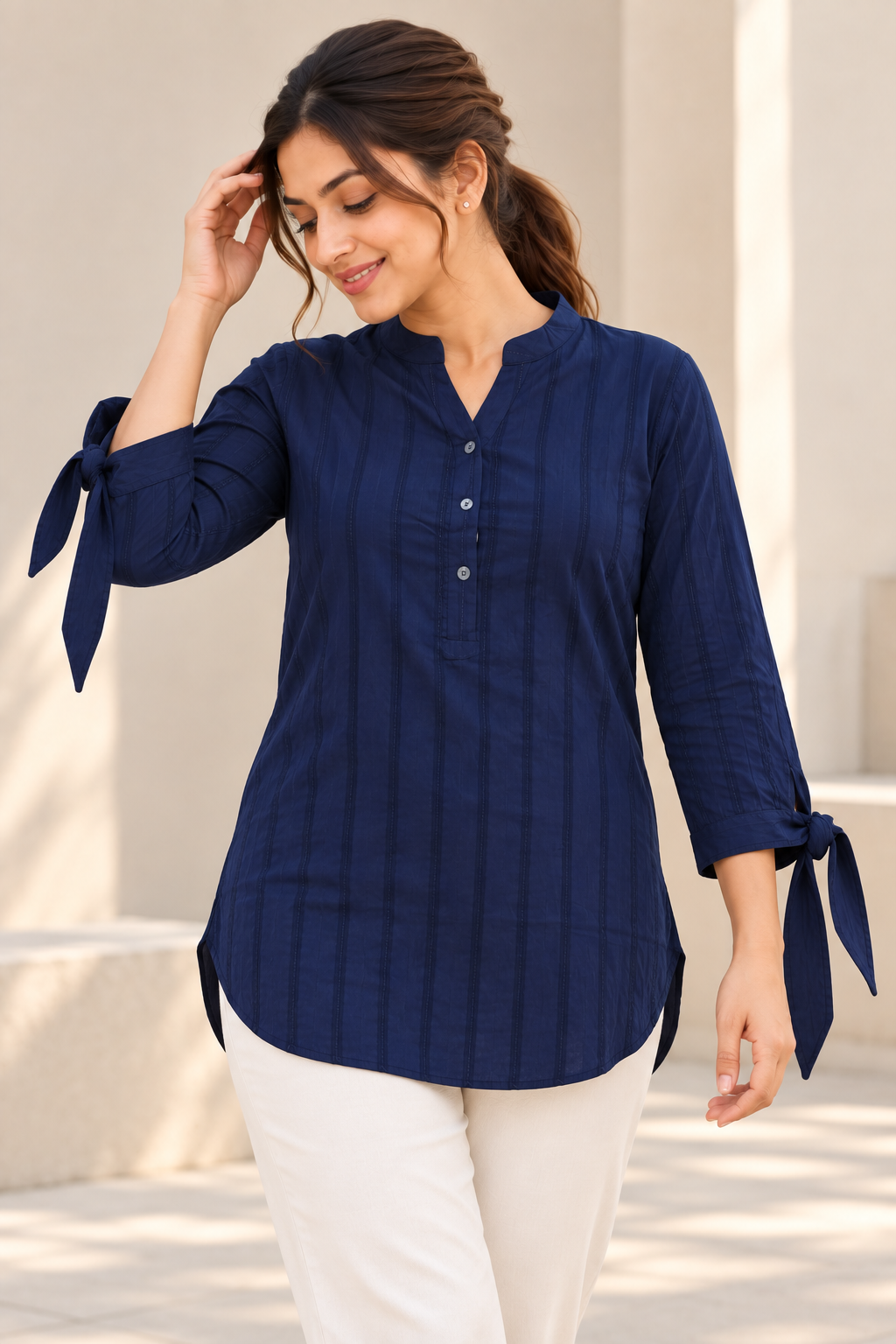 VedAarna Women Navy Blue Self-Design Tie-Up Sleeve Casual Top - View 4