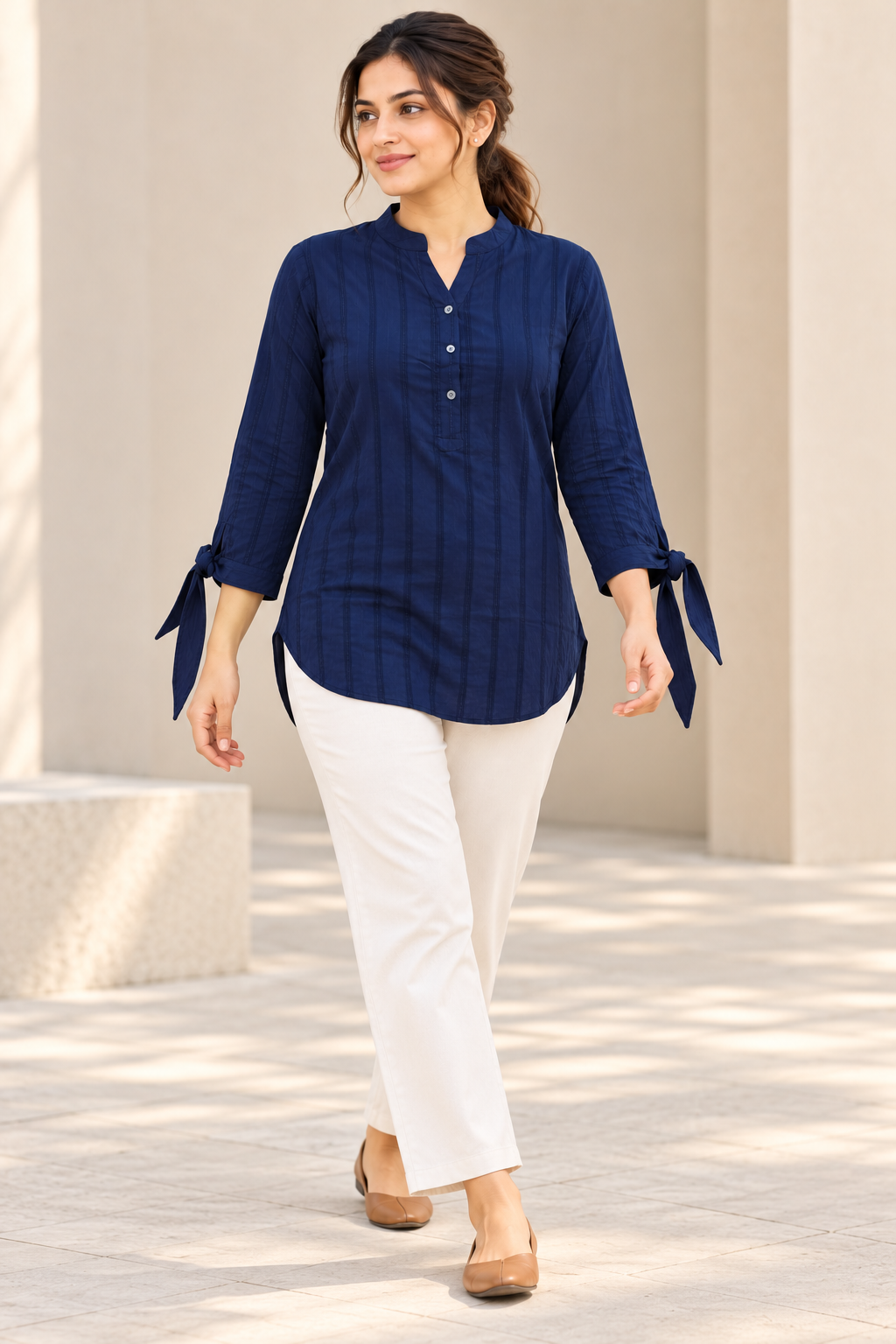 VedAarna Women Navy Blue Self-Design Tie-Up Sleeve Casual Top - View 5