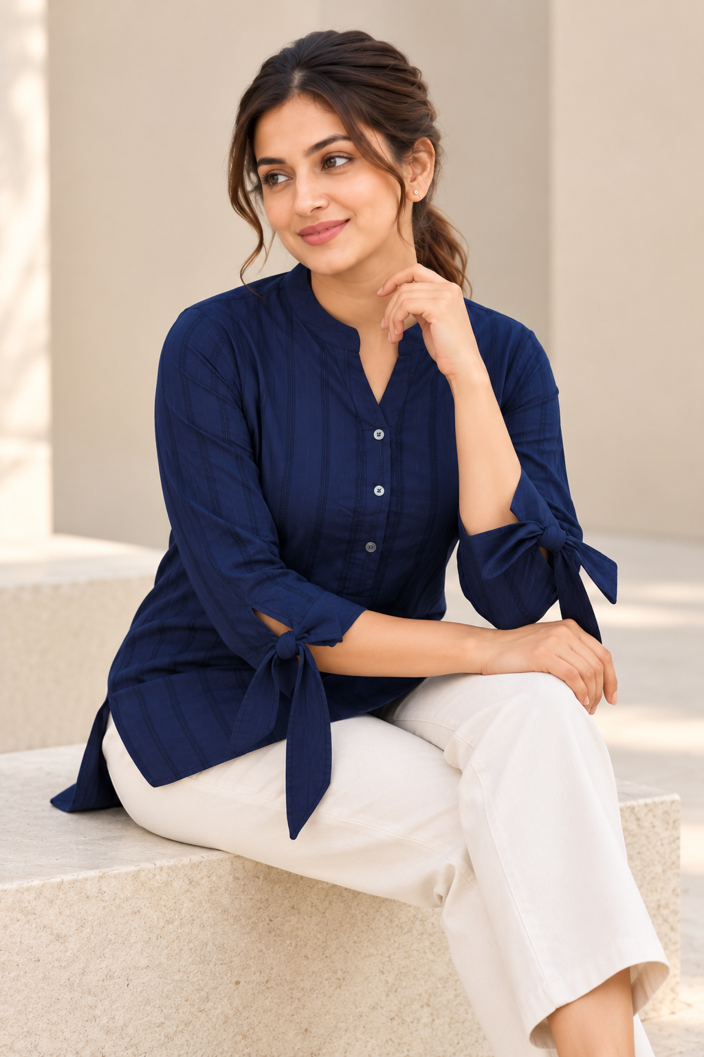 VedAarna Women Navy Blue Self-Design Tie-Up Sleeve Casual Top - View 6