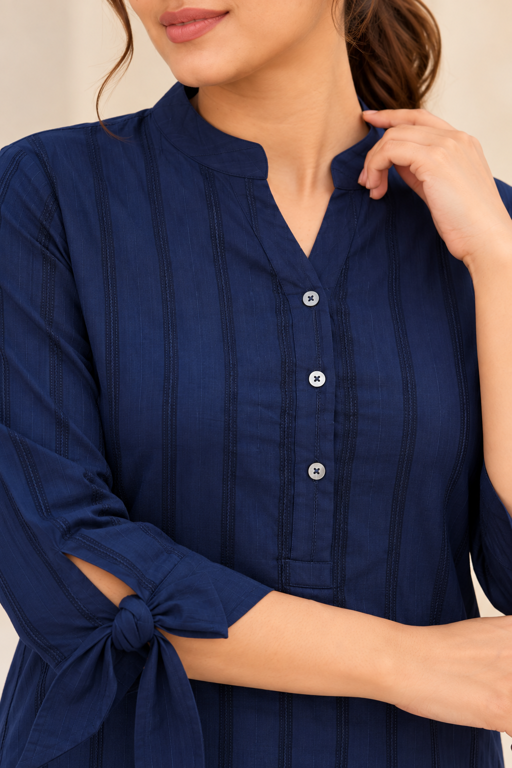 VedAarna Women Navy Blue Self-Design Tie-Up Sleeve Casual Top - View 8