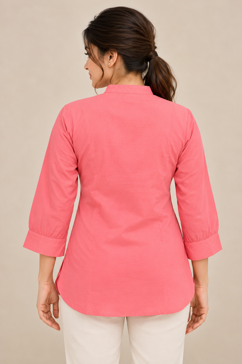 VedAarna Women Coral Pink Leaf Embroidered V-Neck Three-Quarter Sleeve Top - View 3