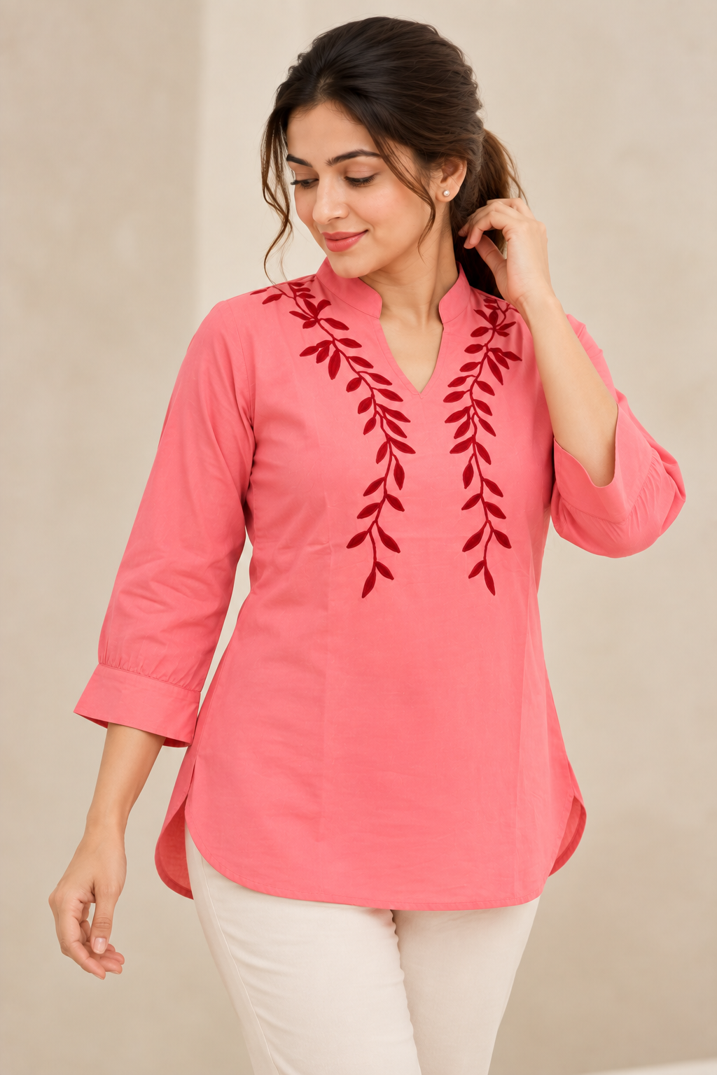 VedAarna Women Coral Pink Leaf Embroidered V-Neck Three-Quarter Sleeve Top - View 4