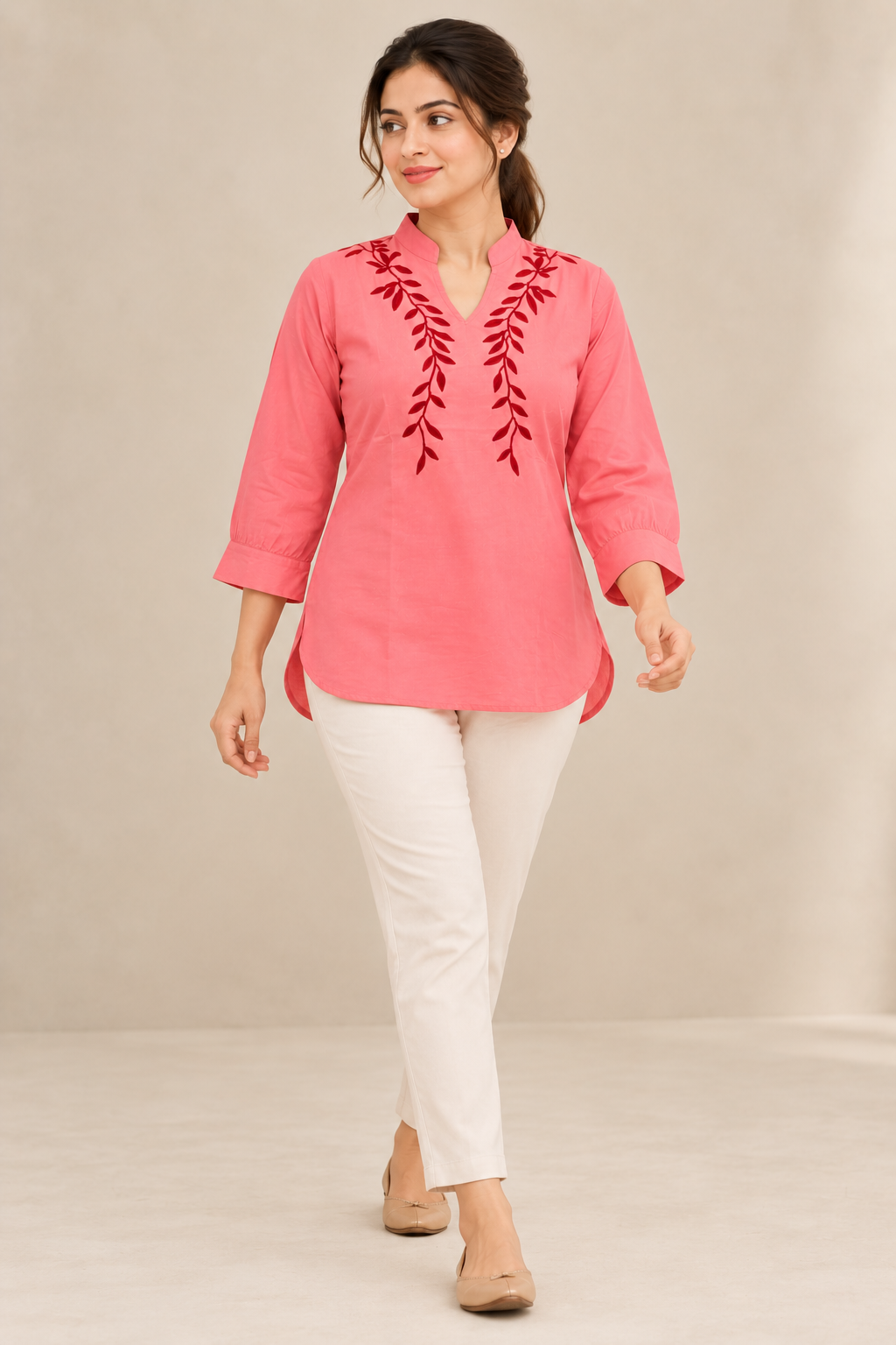 VedAarna Women Coral Pink Leaf Embroidered V-Neck Three-Quarter Sleeve Top - View 5