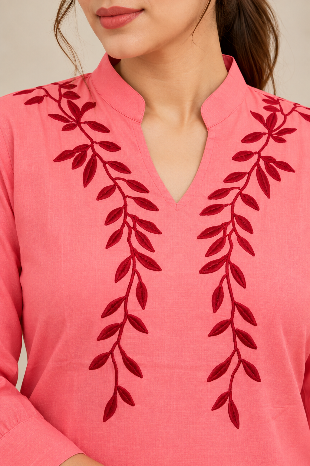 VedAarna Women Coral Pink Leaf Embroidered V-Neck Three-Quarter Sleeve Top - View 8