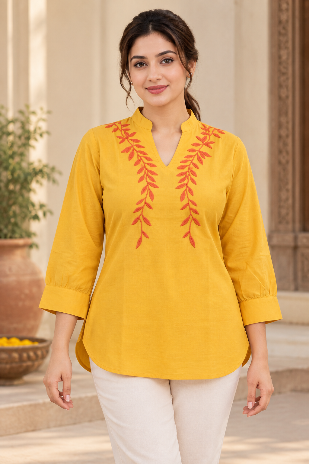 VedAarna Women Mustard Yellow Leaf Embroidered V-Neck Three-Quarter Sleeve Top