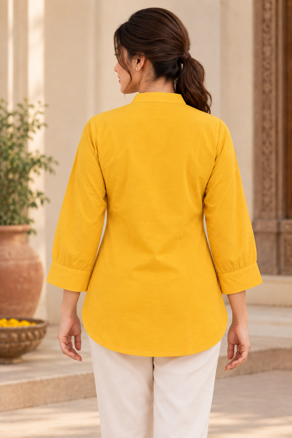 VedAarna Women Mustard Yellow Leaf Embroidered V-Neck Three-Quarter Sleeve Top - View 3