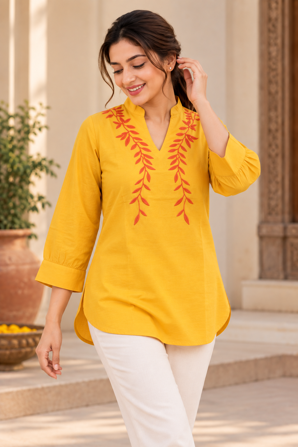 VedAarna Women Mustard Yellow Leaf Embroidered V-Neck Three-Quarter Sleeve Top - View 4
