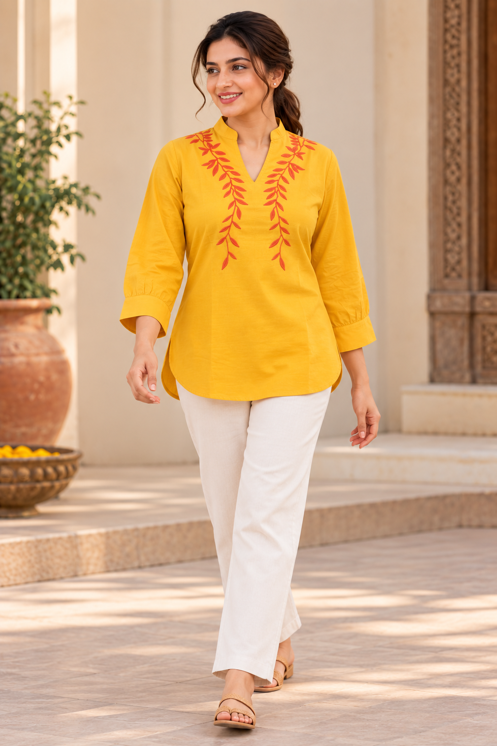 VedAarna Women Mustard Yellow Leaf Embroidered V-Neck Three-Quarter Sleeve Top - View 5