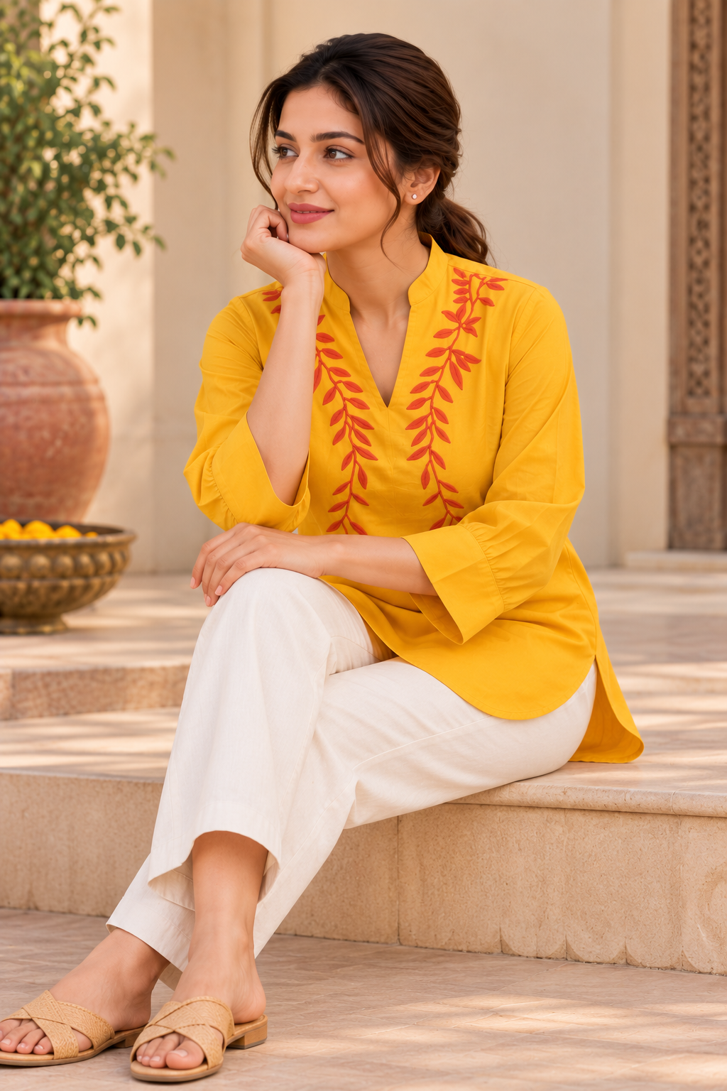VedAarna Women Mustard Yellow Leaf Embroidered V-Neck Three-Quarter Sleeve Top - View 6
