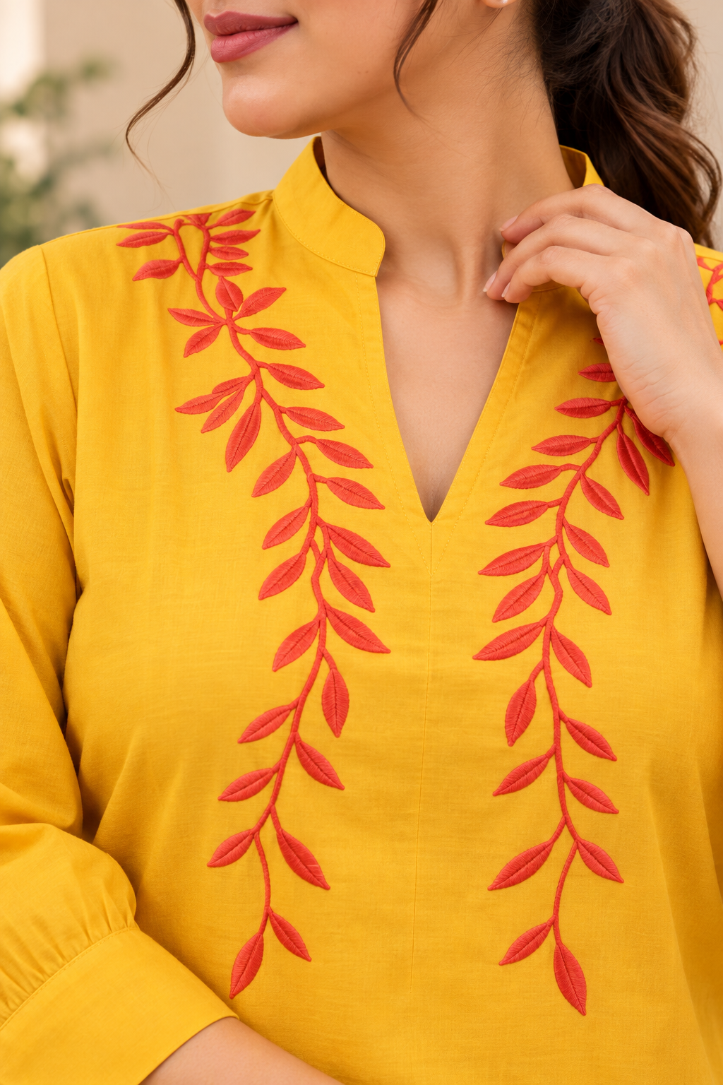 VedAarna Women Mustard Yellow Leaf Embroidered V-Neck Three-Quarter Sleeve Top - View 8