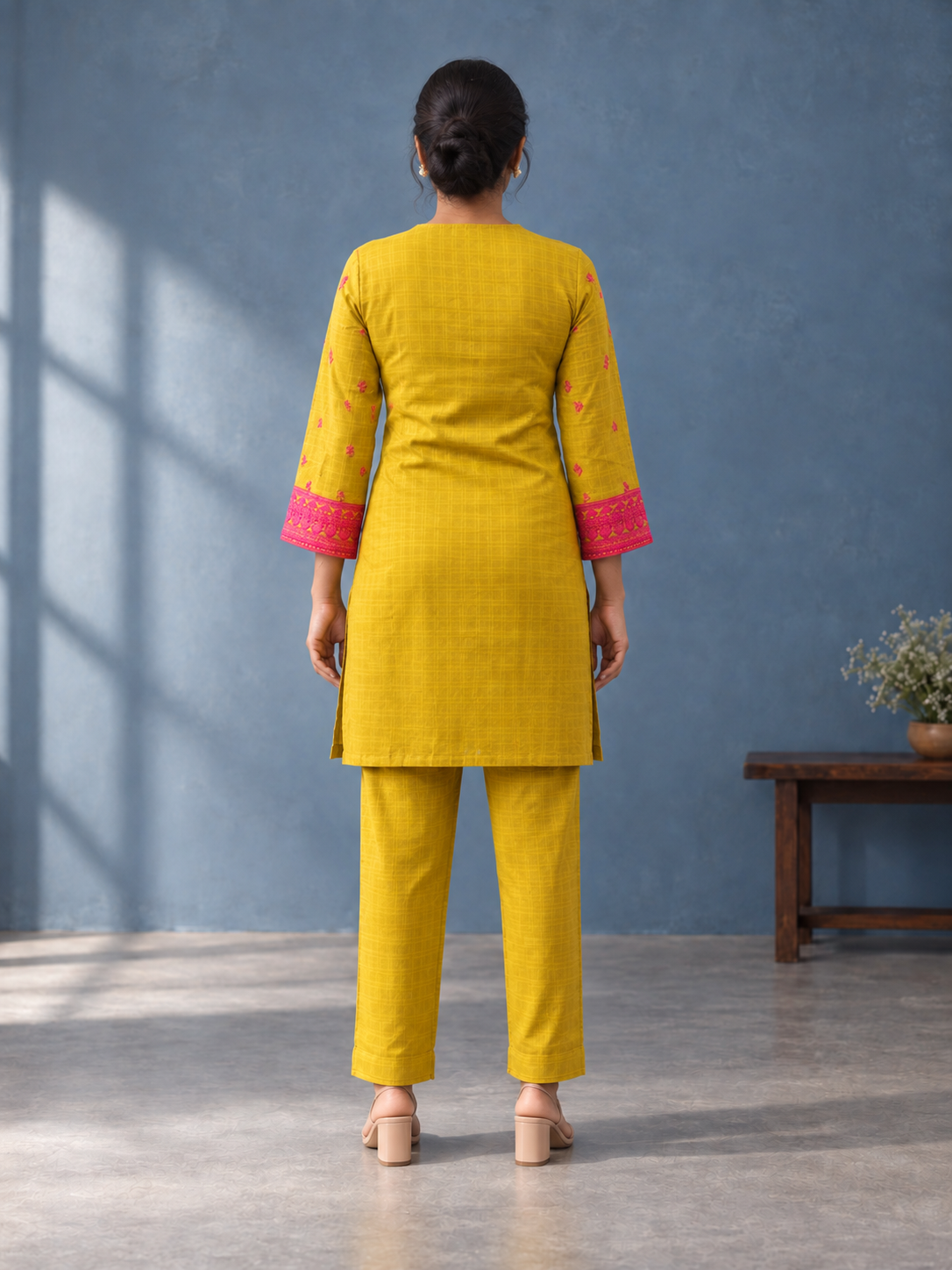 Mustard Yellow Embroidered Kurta & Pant Set - View 3