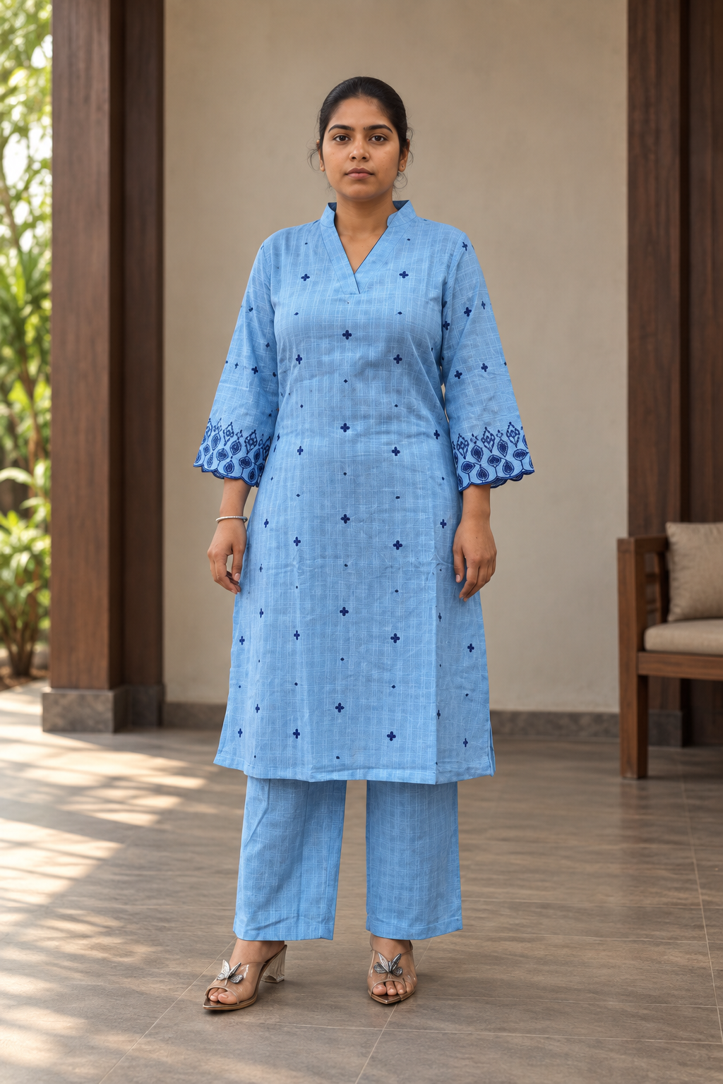 Sky Blue Embroidered Kurta & Pant Set