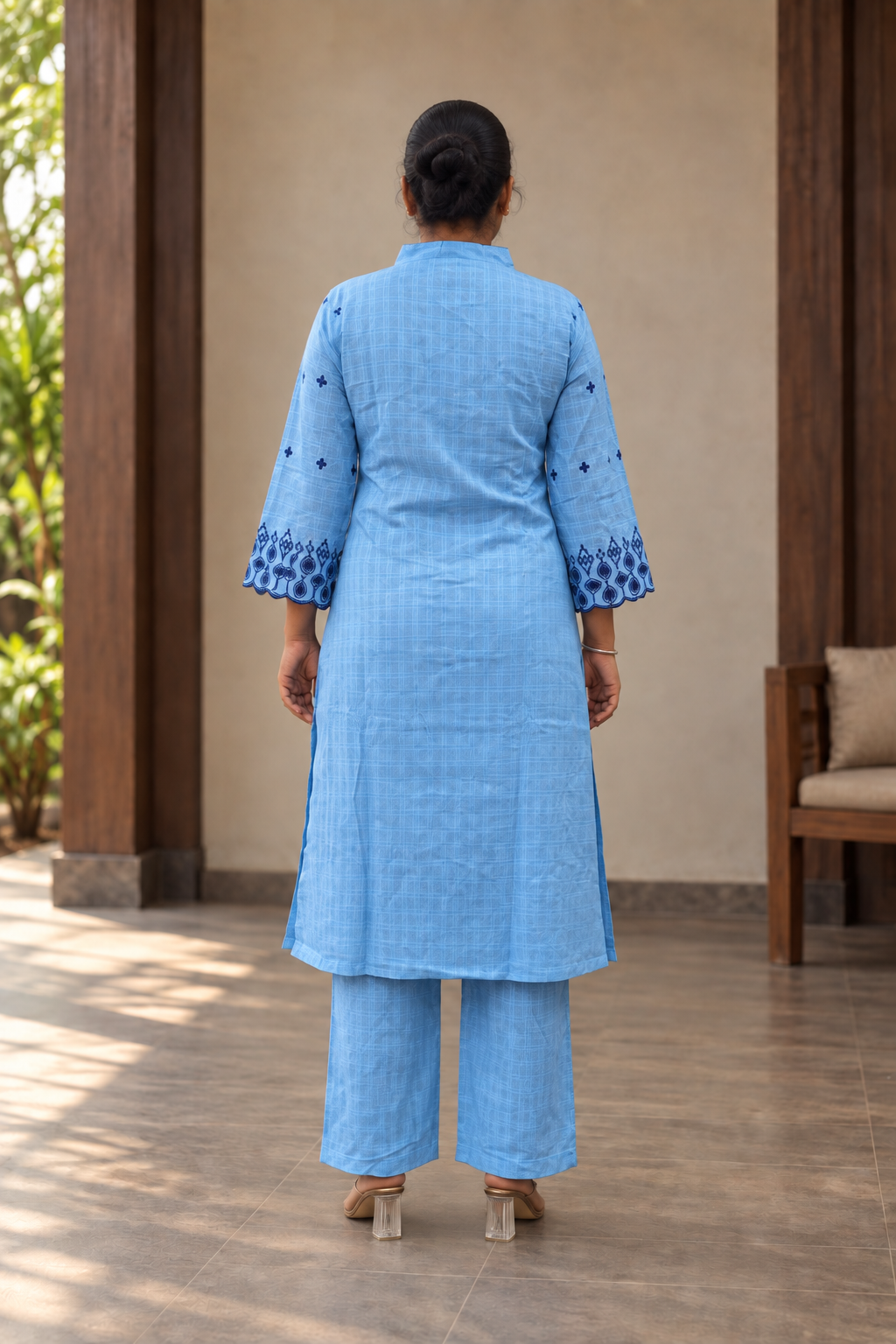 Sky Blue Embroidered Kurta & Pant Set - View 3