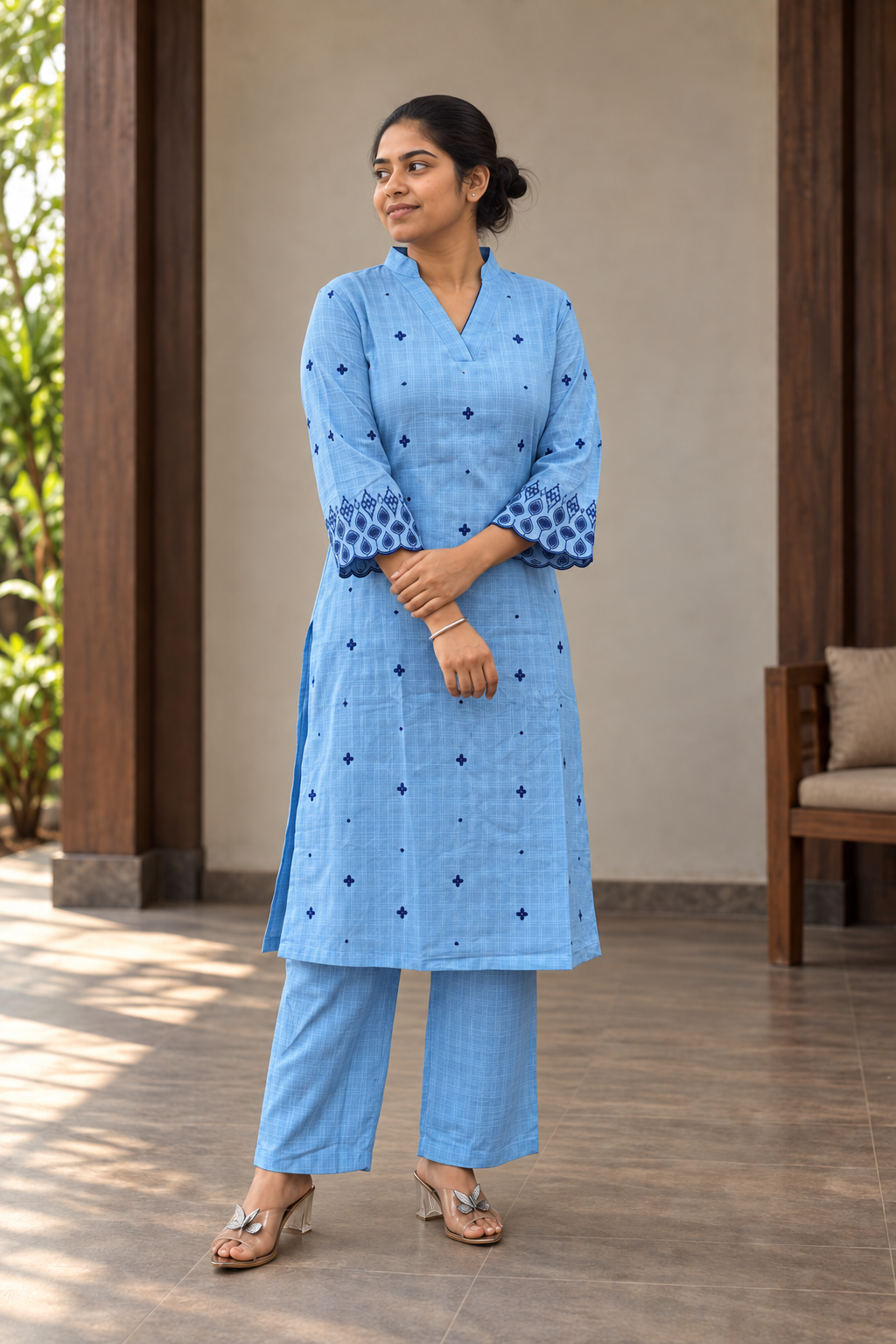 Sky Blue Embroidered Kurta & Pant Set - View 4