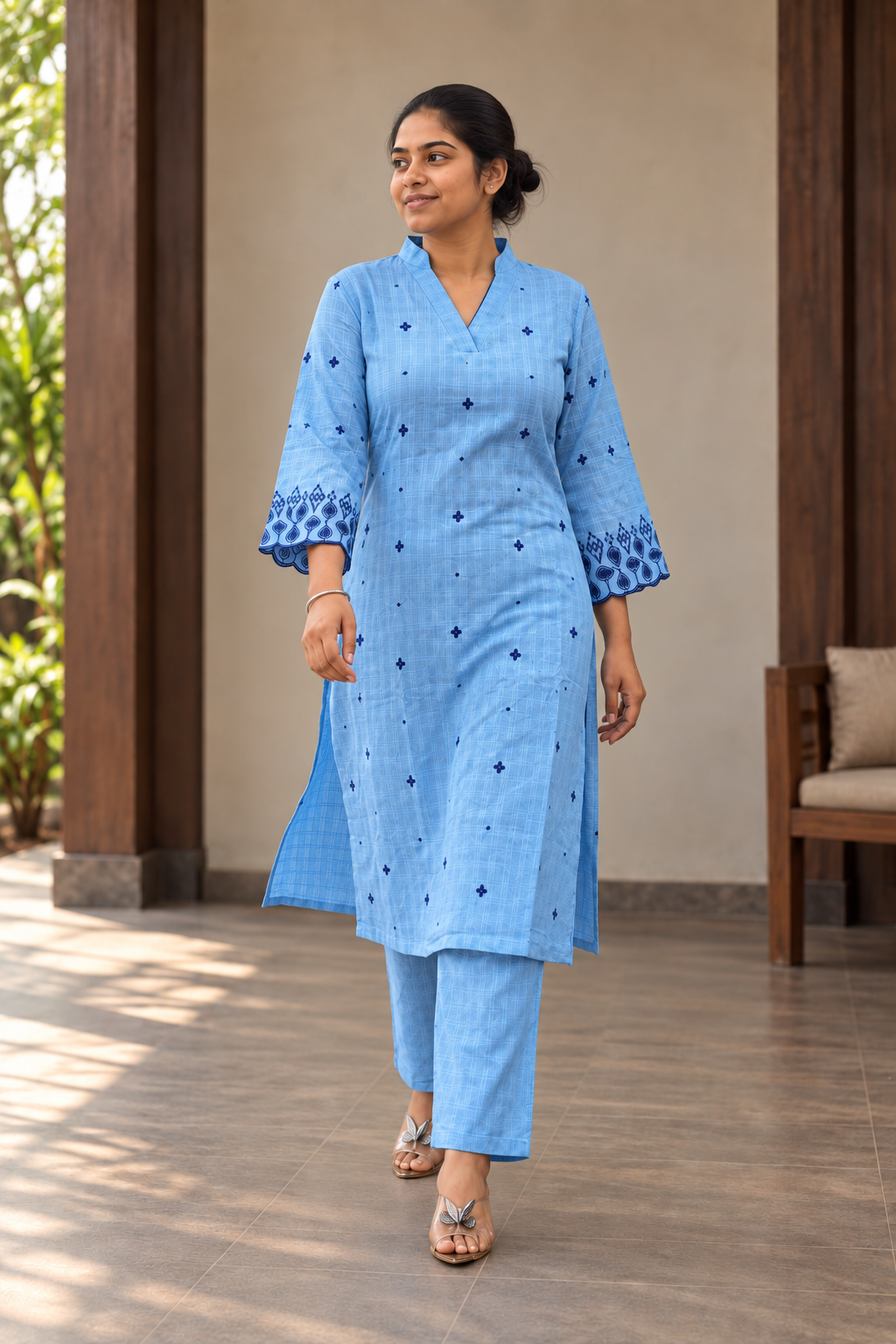 Sky Blue Embroidered Kurta & Pant Set - View 5