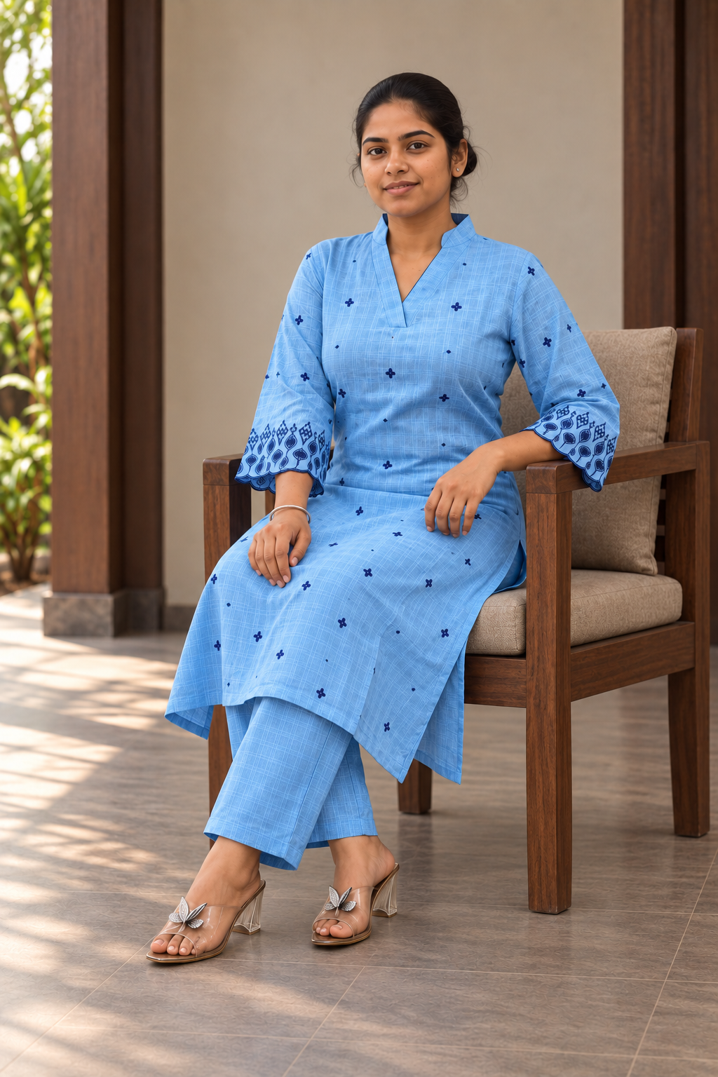 Sky Blue Embroidered Kurta & Pant Set - View 6