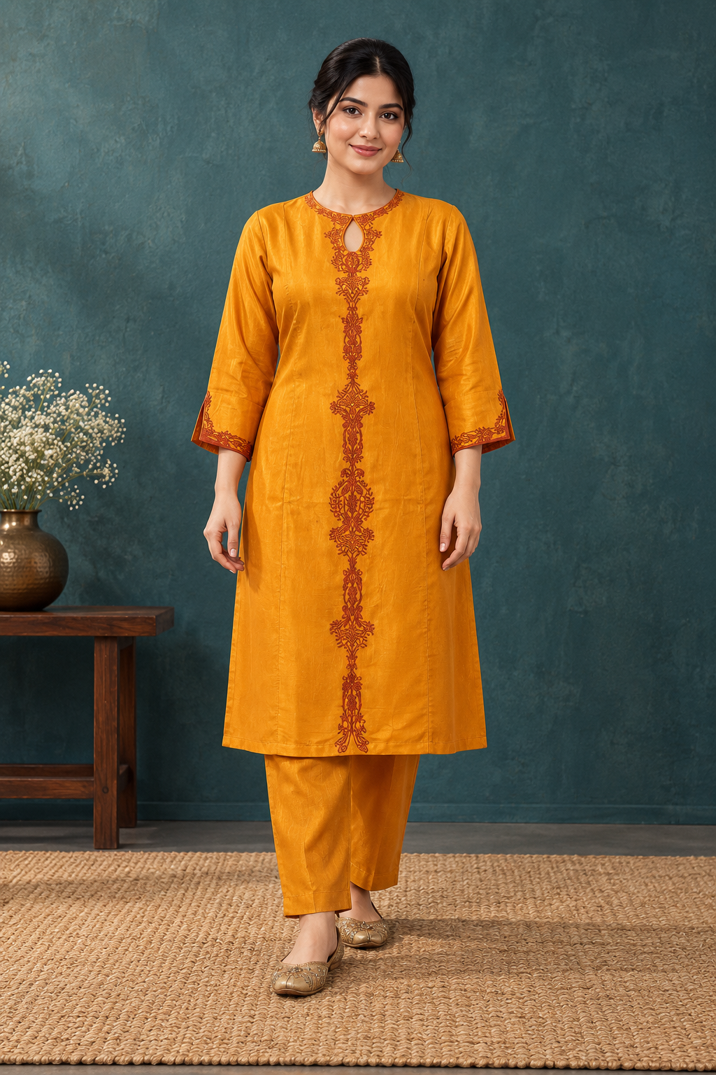 Mustard Embroidered Straight Kurta & Pant Set