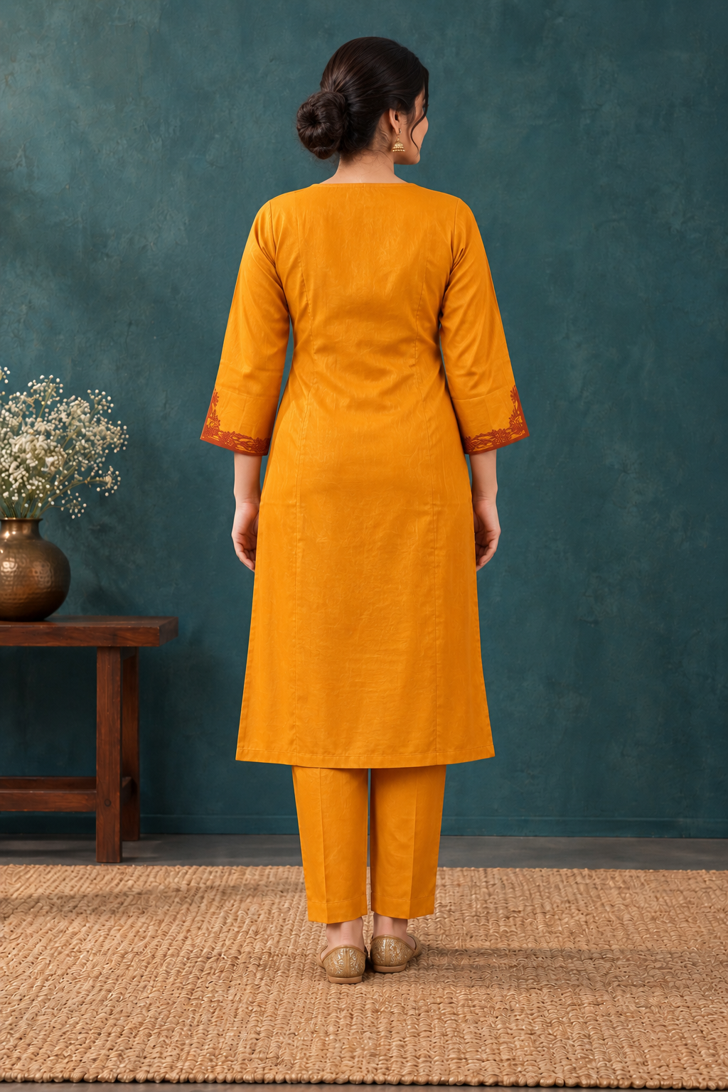 Mustard Embroidered Straight Kurta & Pant Set - View 3