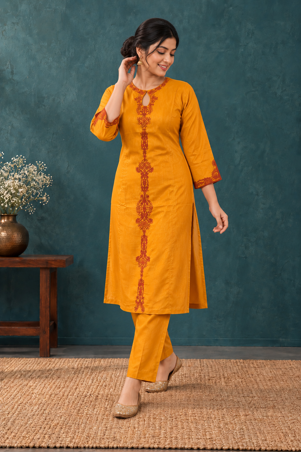 Mustard Embroidered Straight Kurta & Pant Set - View 4