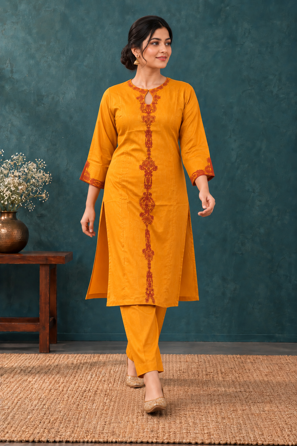 Mustard Embroidered Straight Kurta & Pant Set - View 5