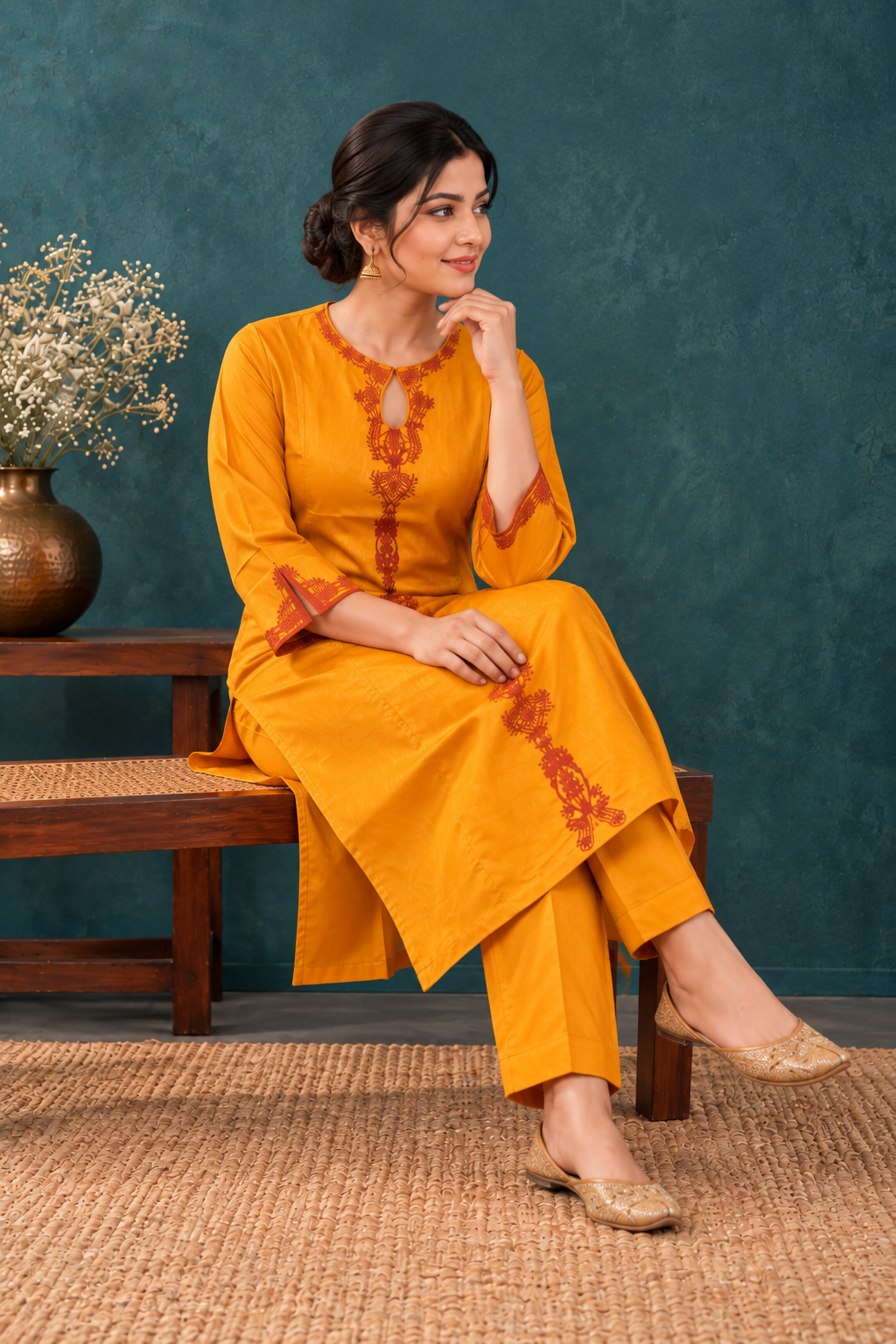 Mustard Embroidered Straight Kurta & Pant Set - View 6